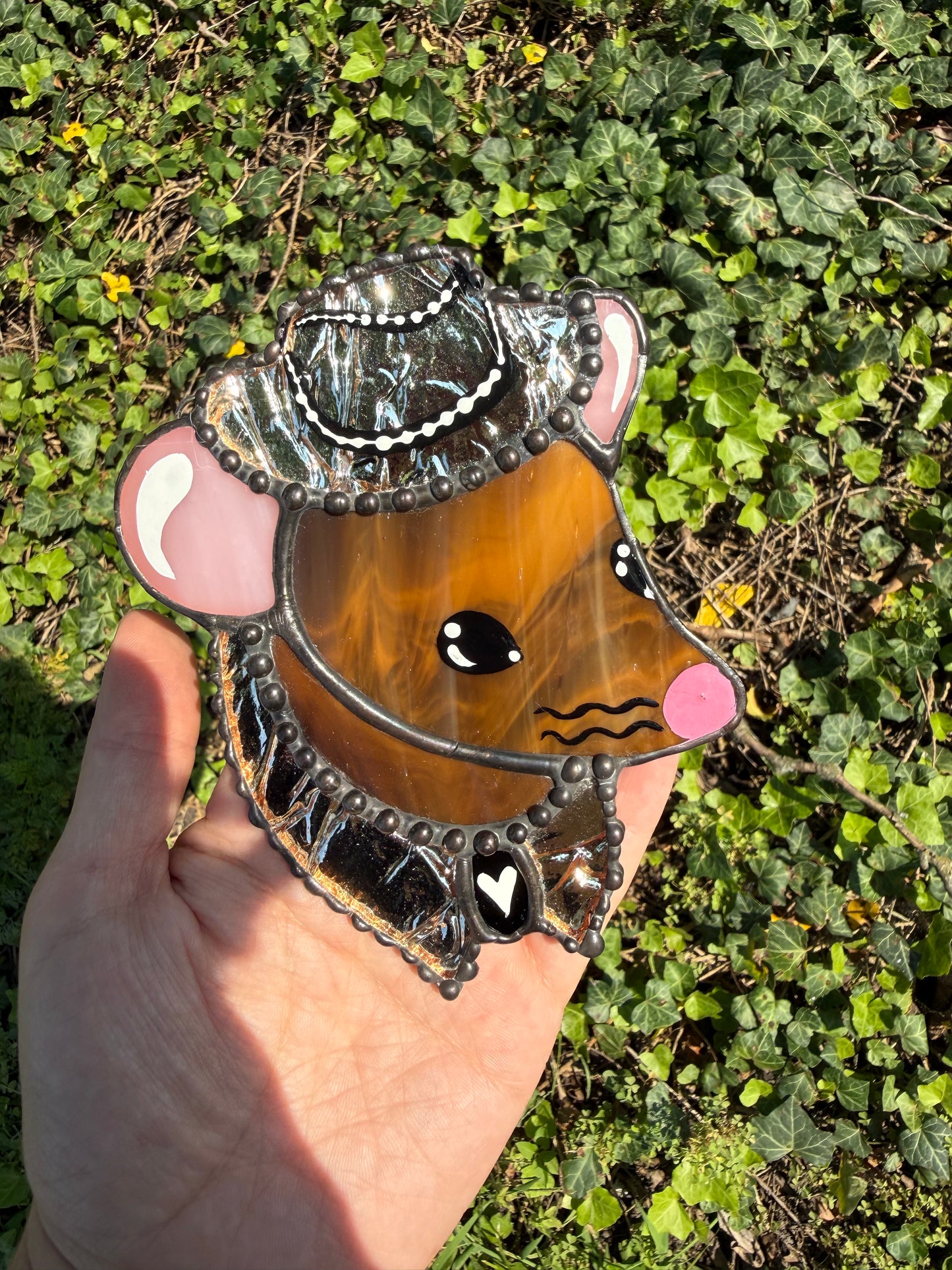 Mini Brown Cowboy Mouse Stained Glass Suncatcher
