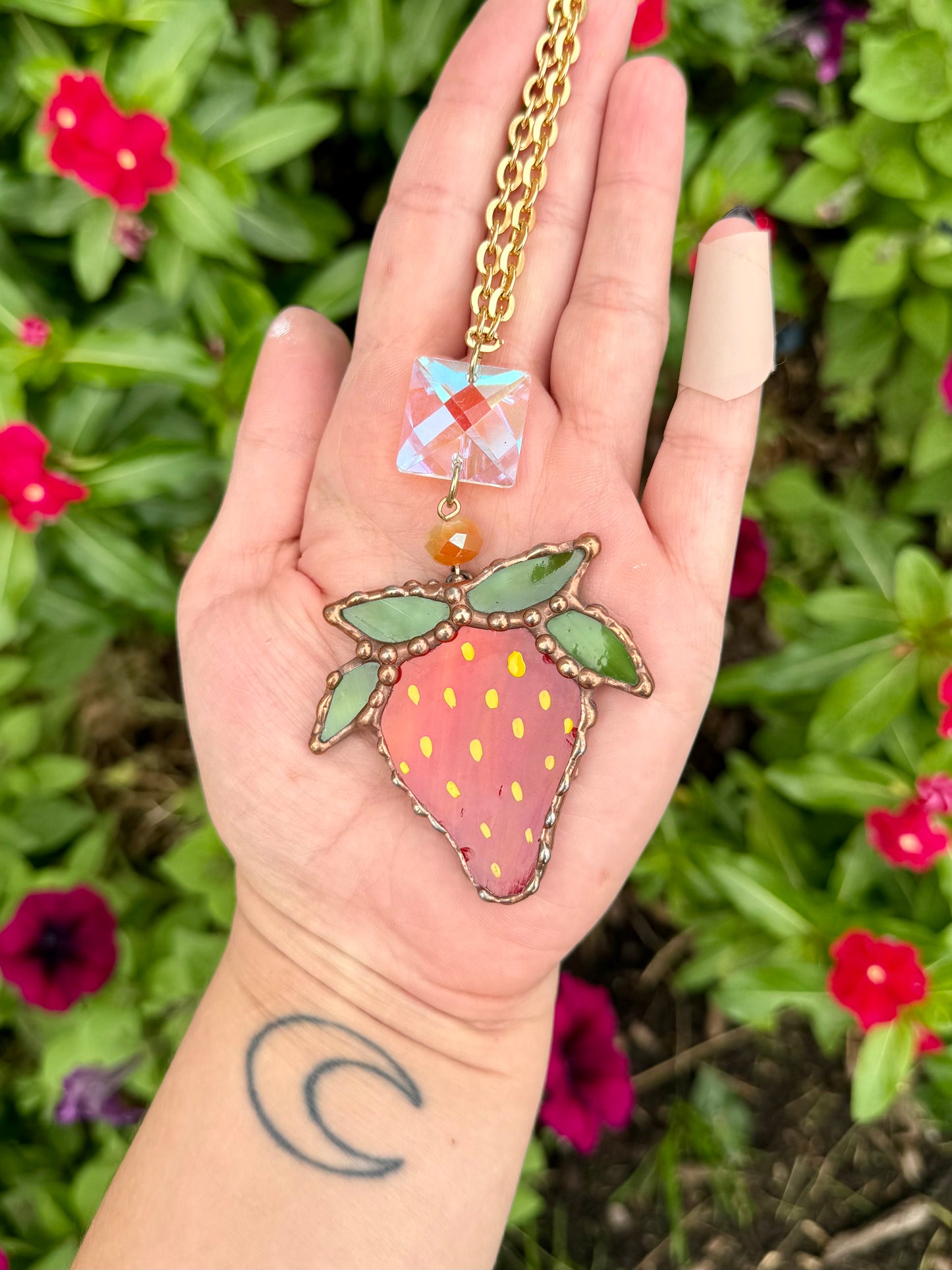 Red Strawberry Stained Glass Car Charm