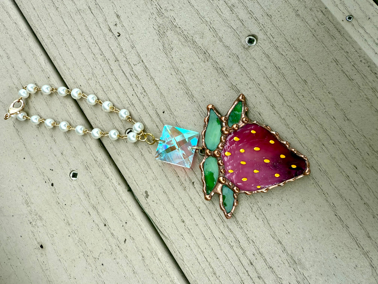 Deep Pink Strawberry Stained Glass Car Charm