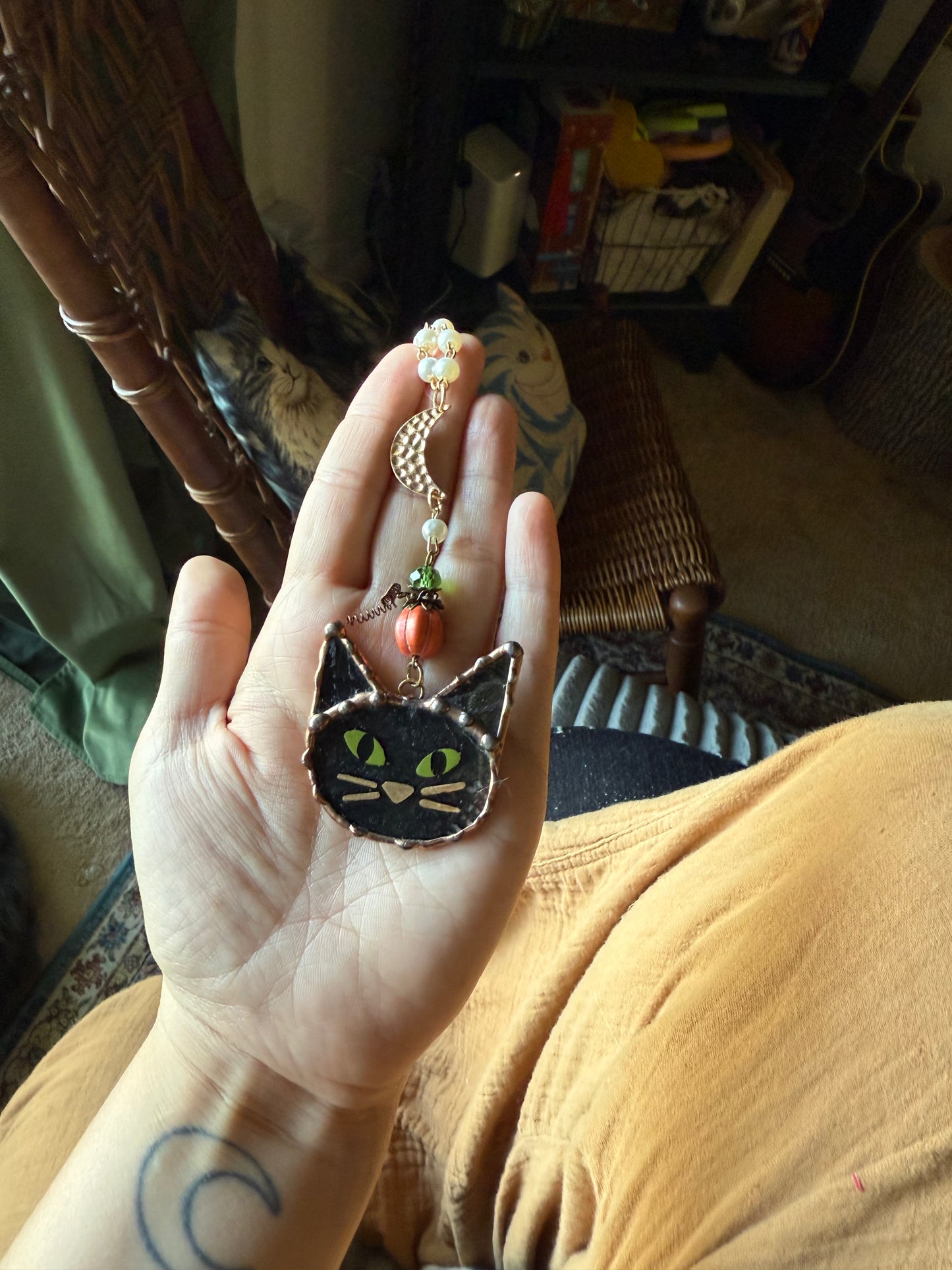 Black Cat and Pumpkin Moon Car Charm