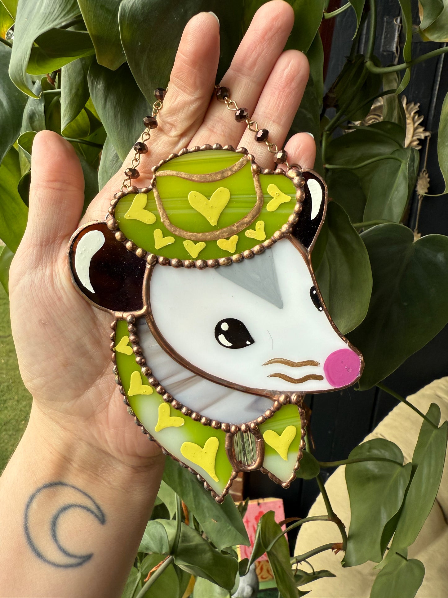 Mini Green and Gold Cowboy Opossum Stained Glass Suncatcher