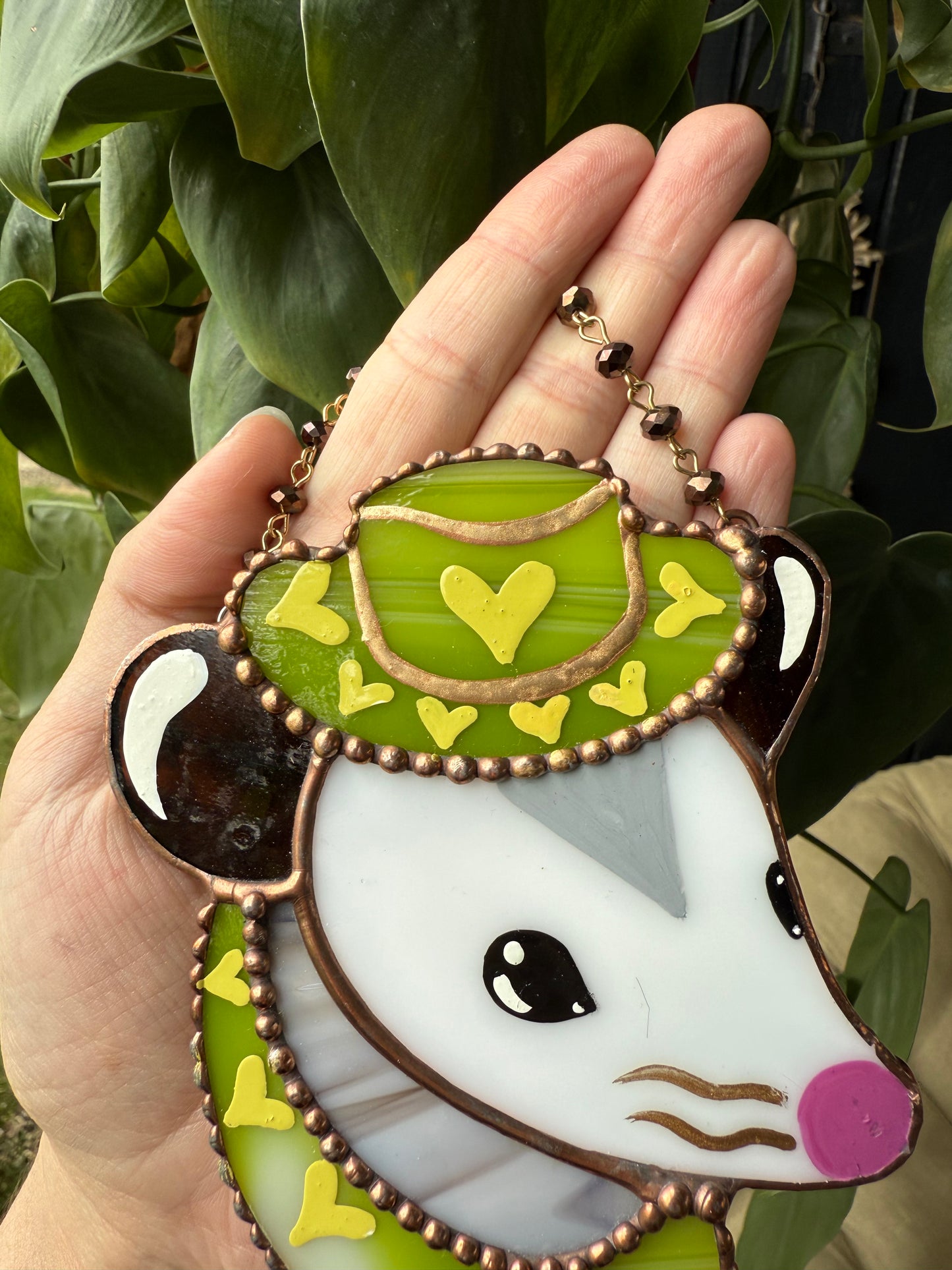 Mini Green and Gold Cowboy Opossum Stained Glass Suncatcher
