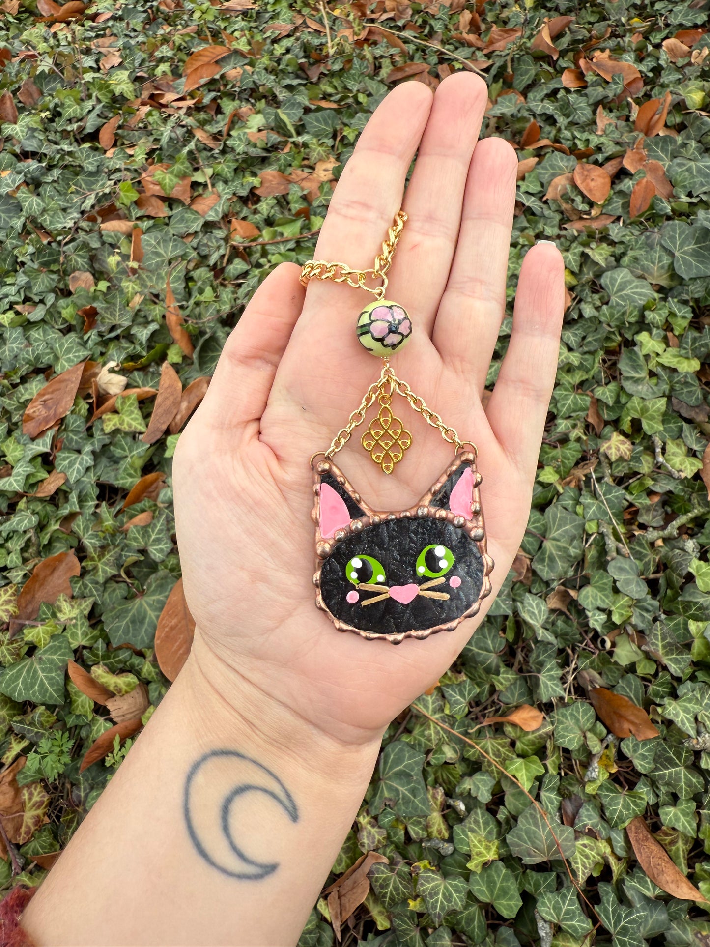 Flower Cat Stained Glass Charm