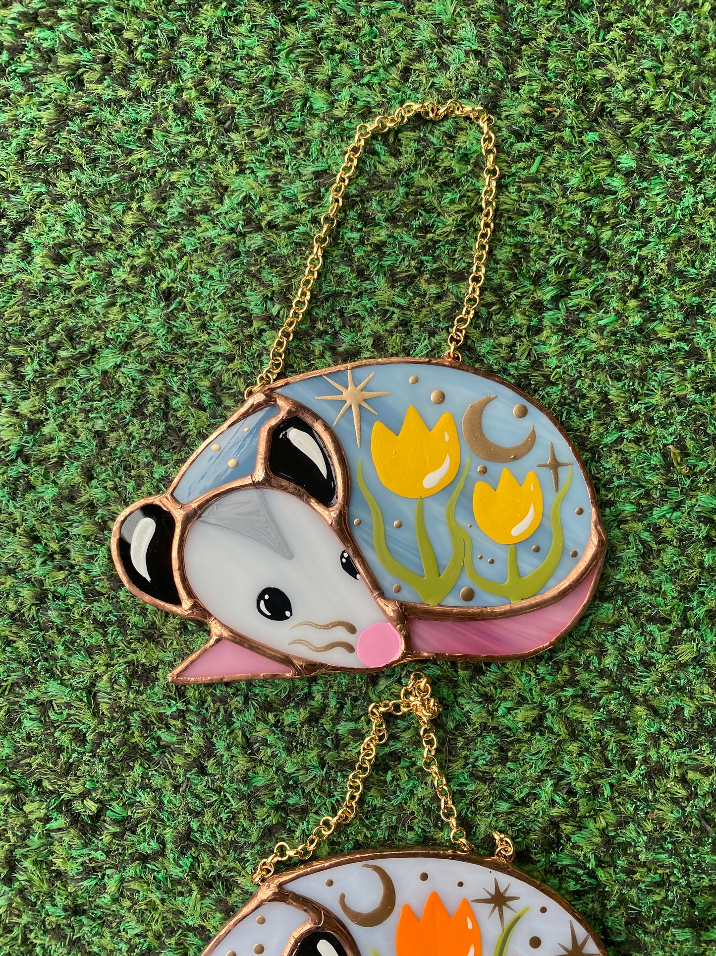 Mini Sleepy Yellow Tulip Opossum Stained Glass Ornament