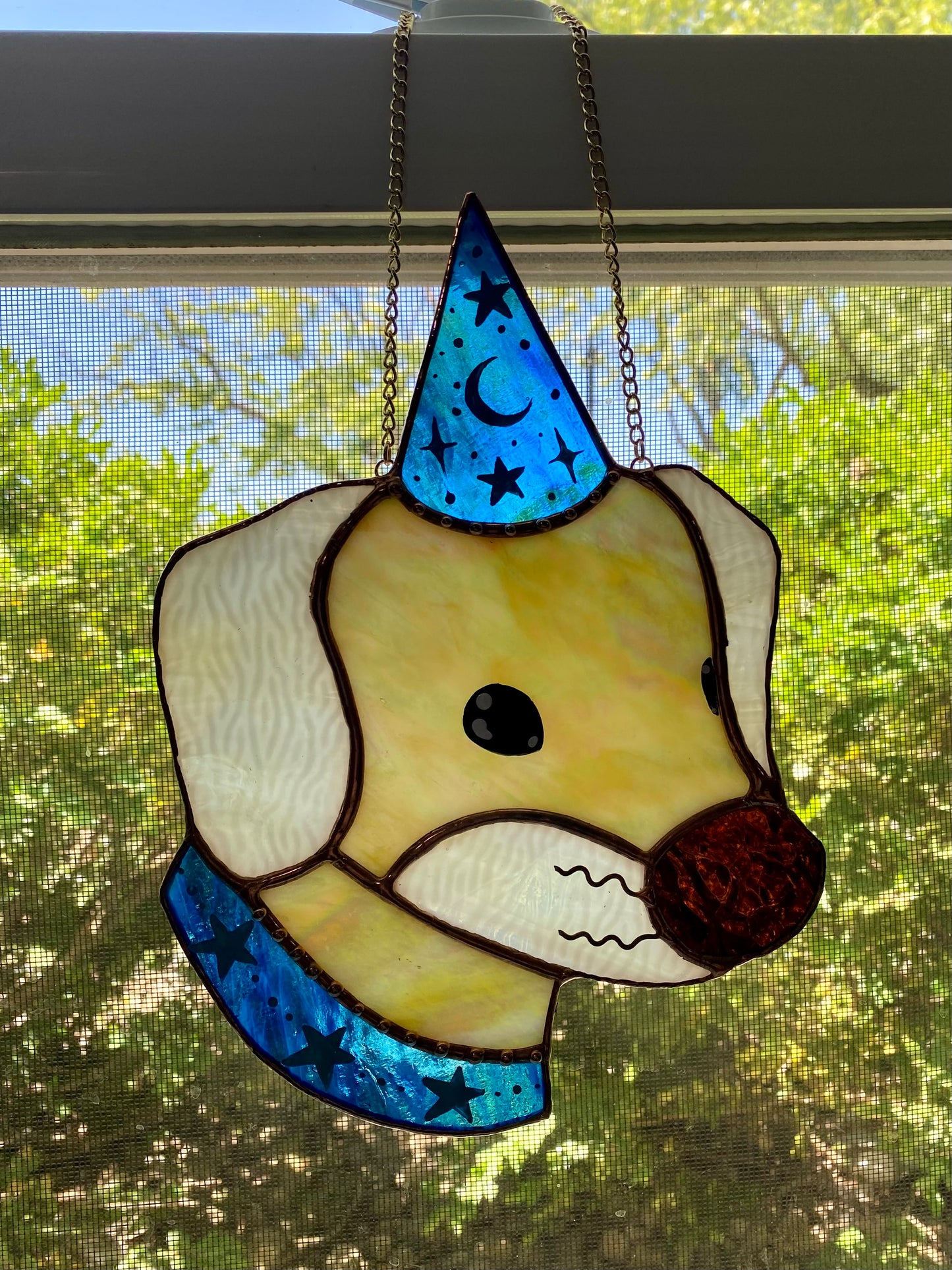 Blue Wizard Puppy Stained Glass Suncatcher