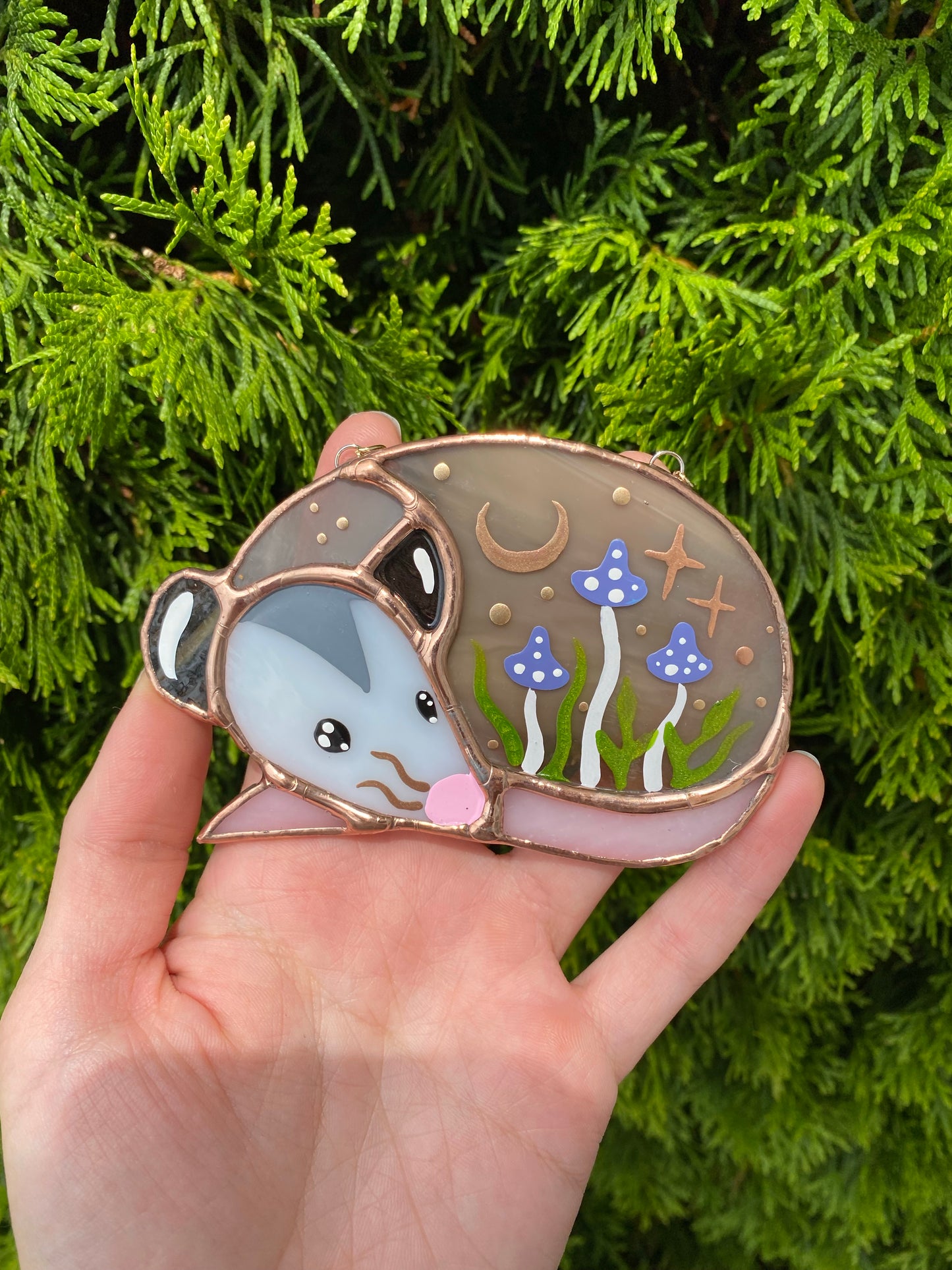 Mini Purple Mushroom Opossum Stained Glass Suncatcher