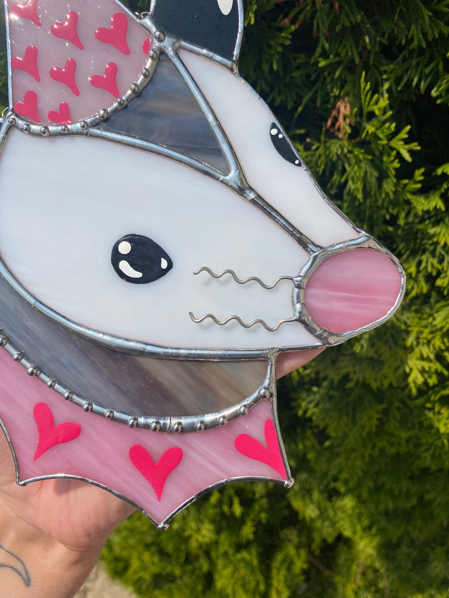 Pink and Silver Heart Opossum Stained Glass Suncatcher