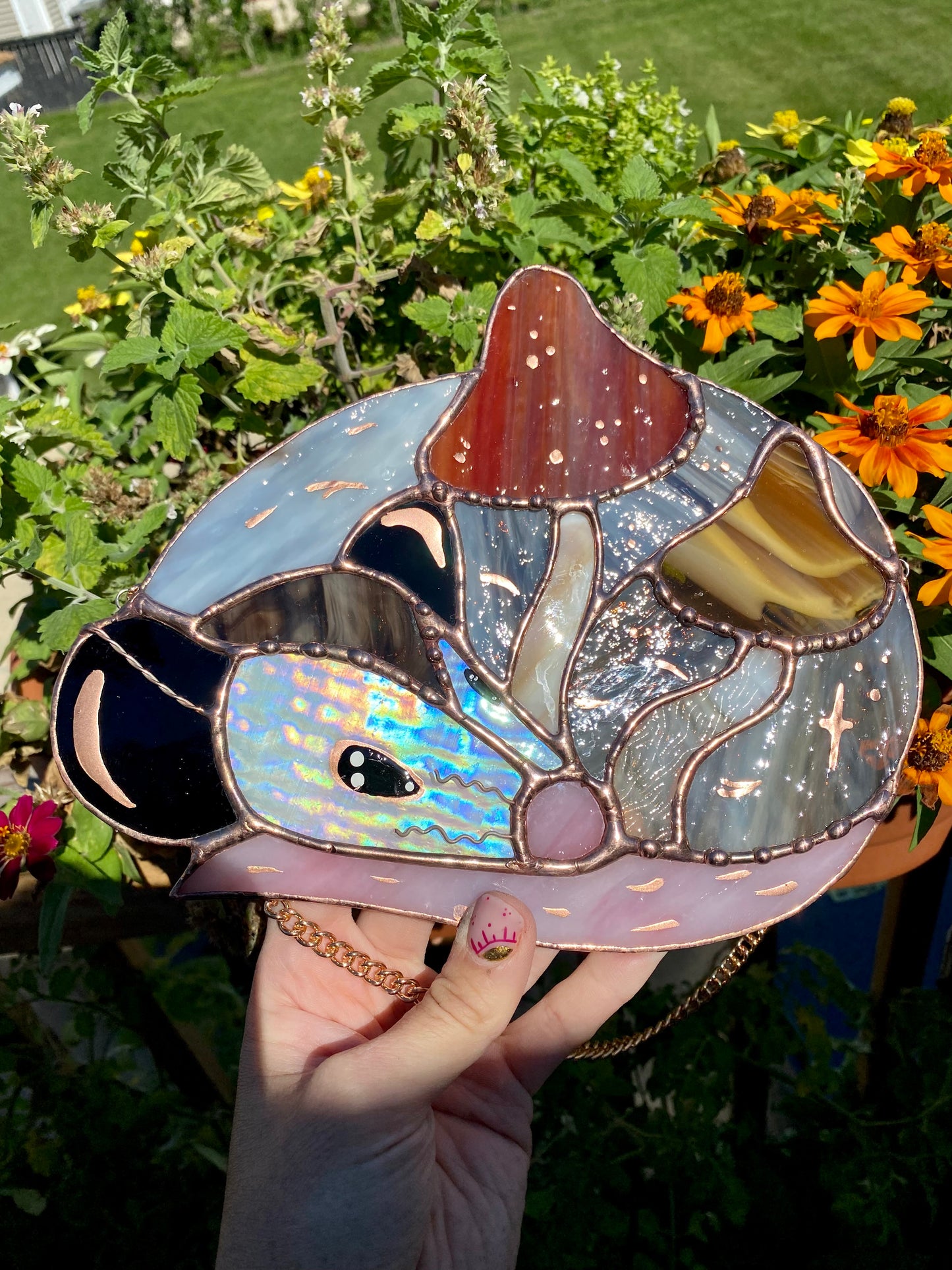 Mushroom Opossum Stained Glass Suncatcher