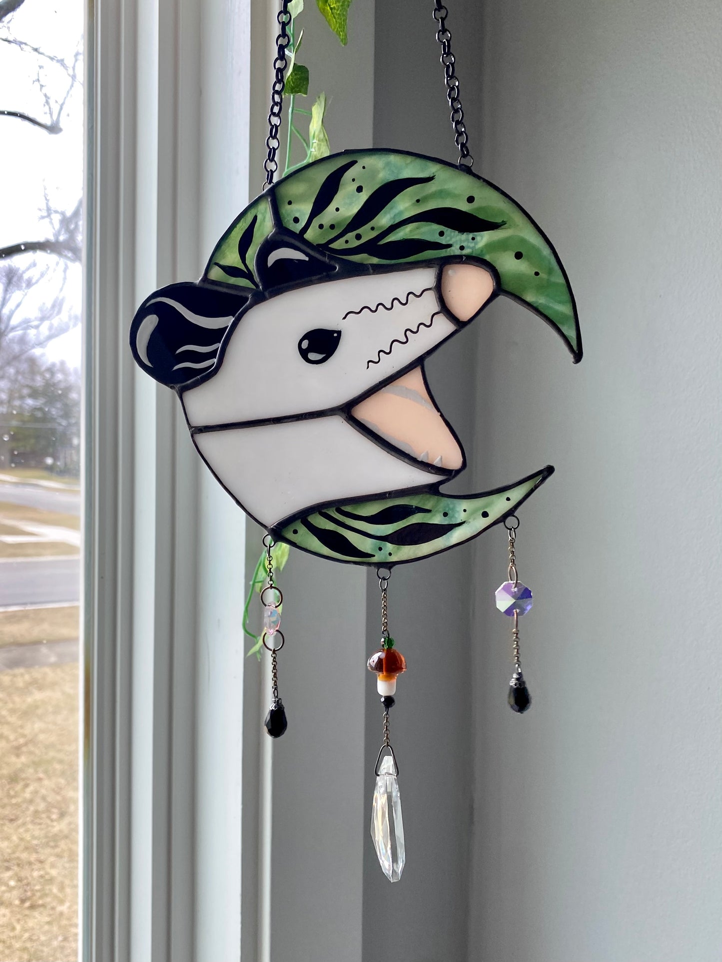 Green Floral Moon Opossum Suncatcher