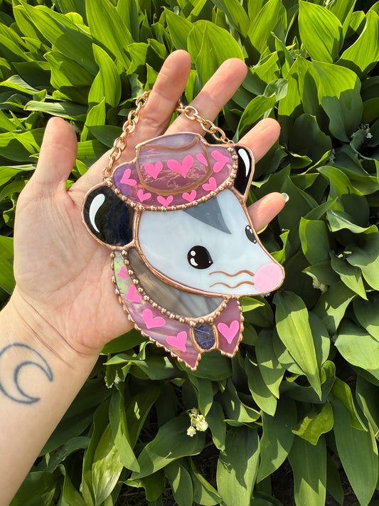 Mini Pink Cowboy Opossum Stained Glass Ornament