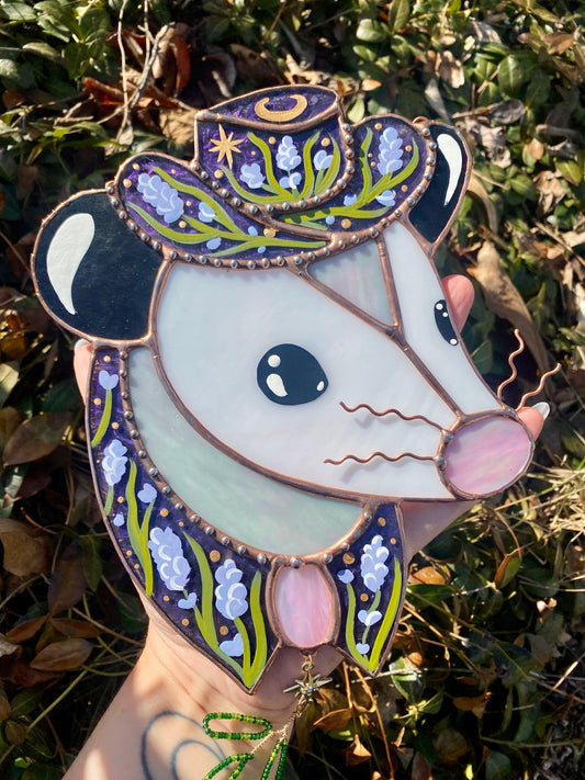 Lavender Cowboy Opossum Stained Glass Suncatcher
