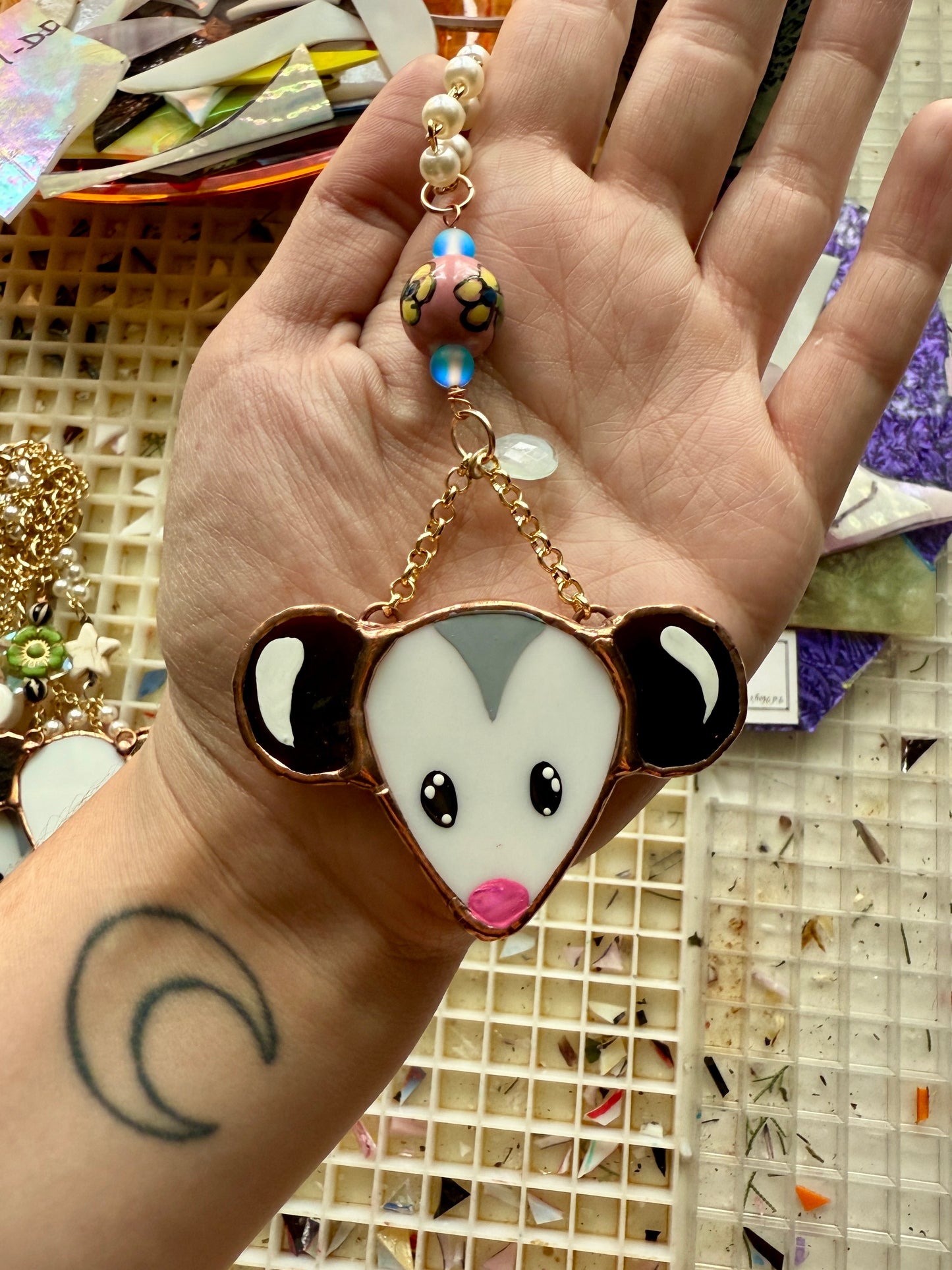 Flowery Opossum Stained Glass Charm