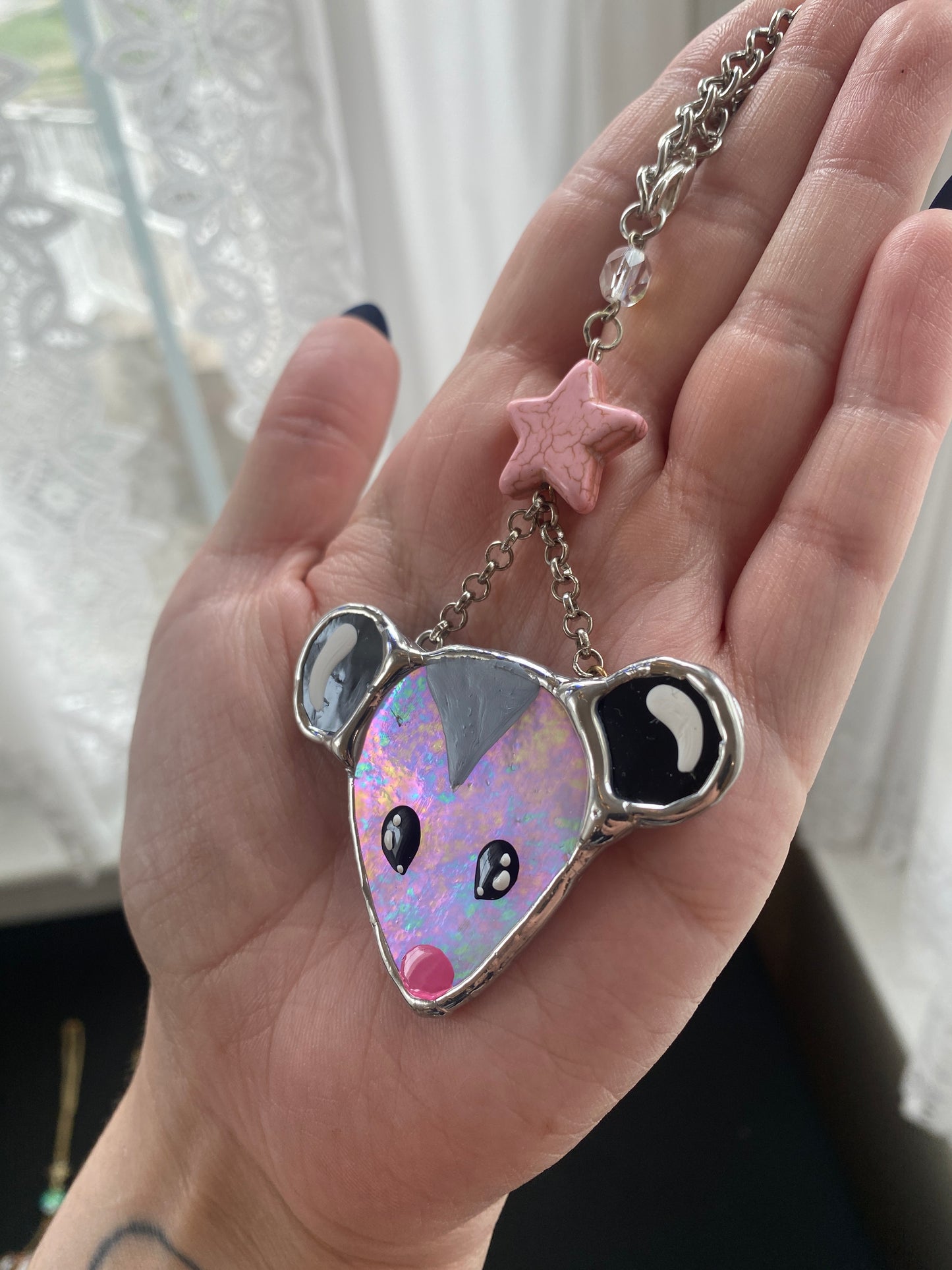 Light Pink Star Opossum Stained Glass Charm