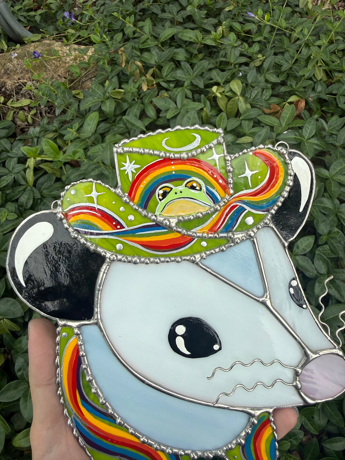 Pride Frog Cowboy Opossum Stained Glass Suncatcher