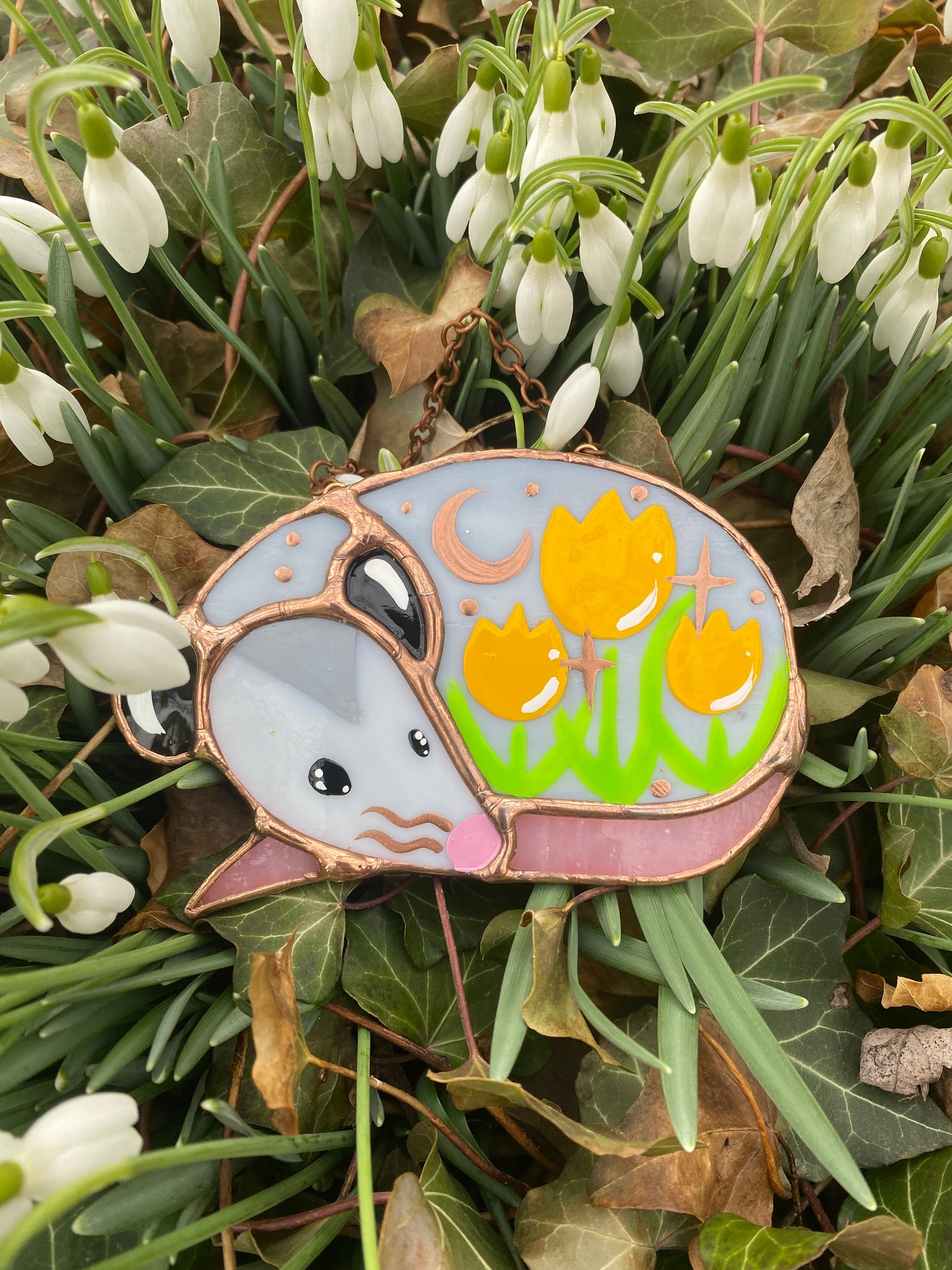 Sleepy Yellow Tulip Opossum Mini Stained Glass Suncatcher