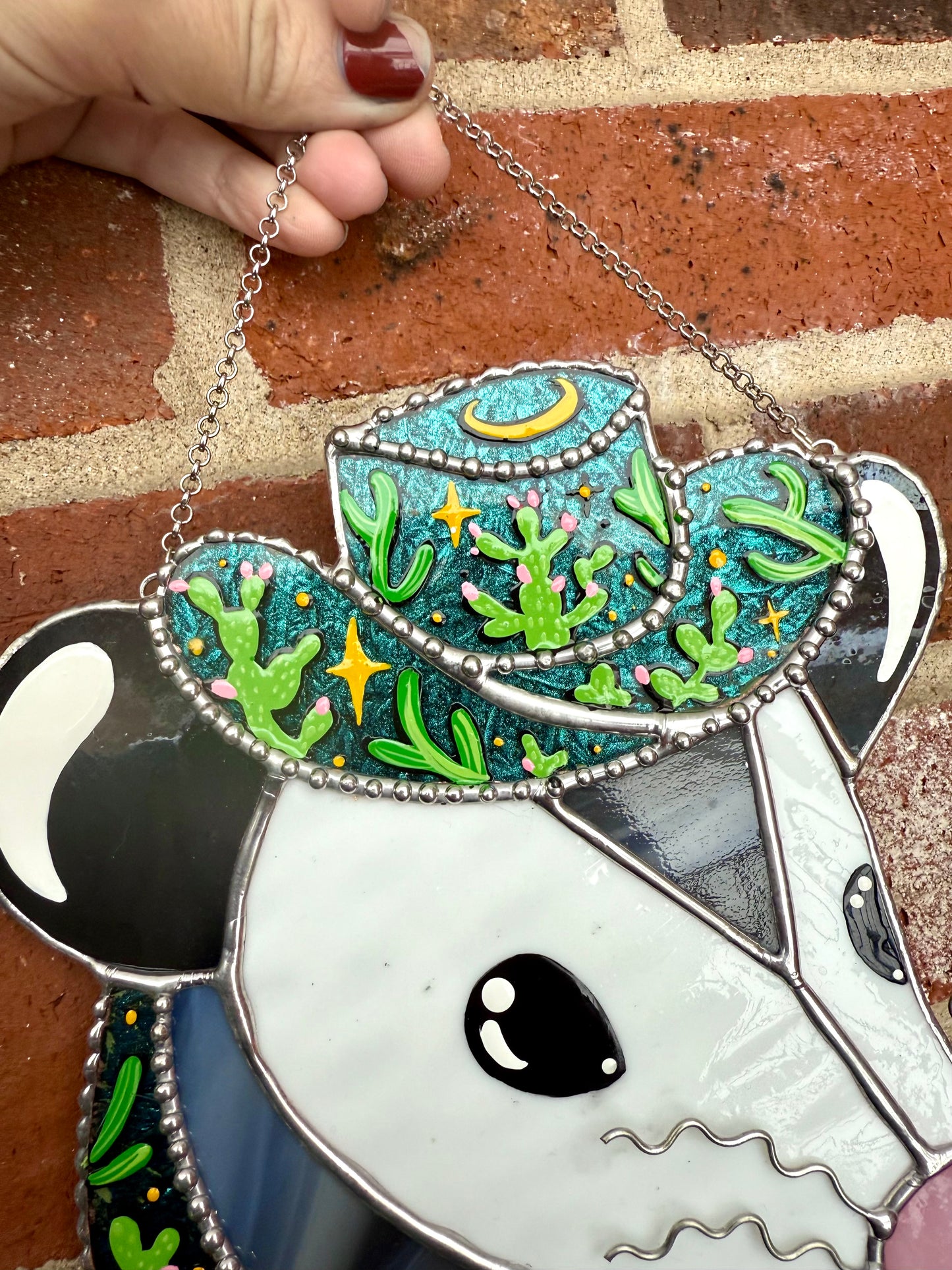 Cactus Cowboy Opossum Stained Glass Suncatcher