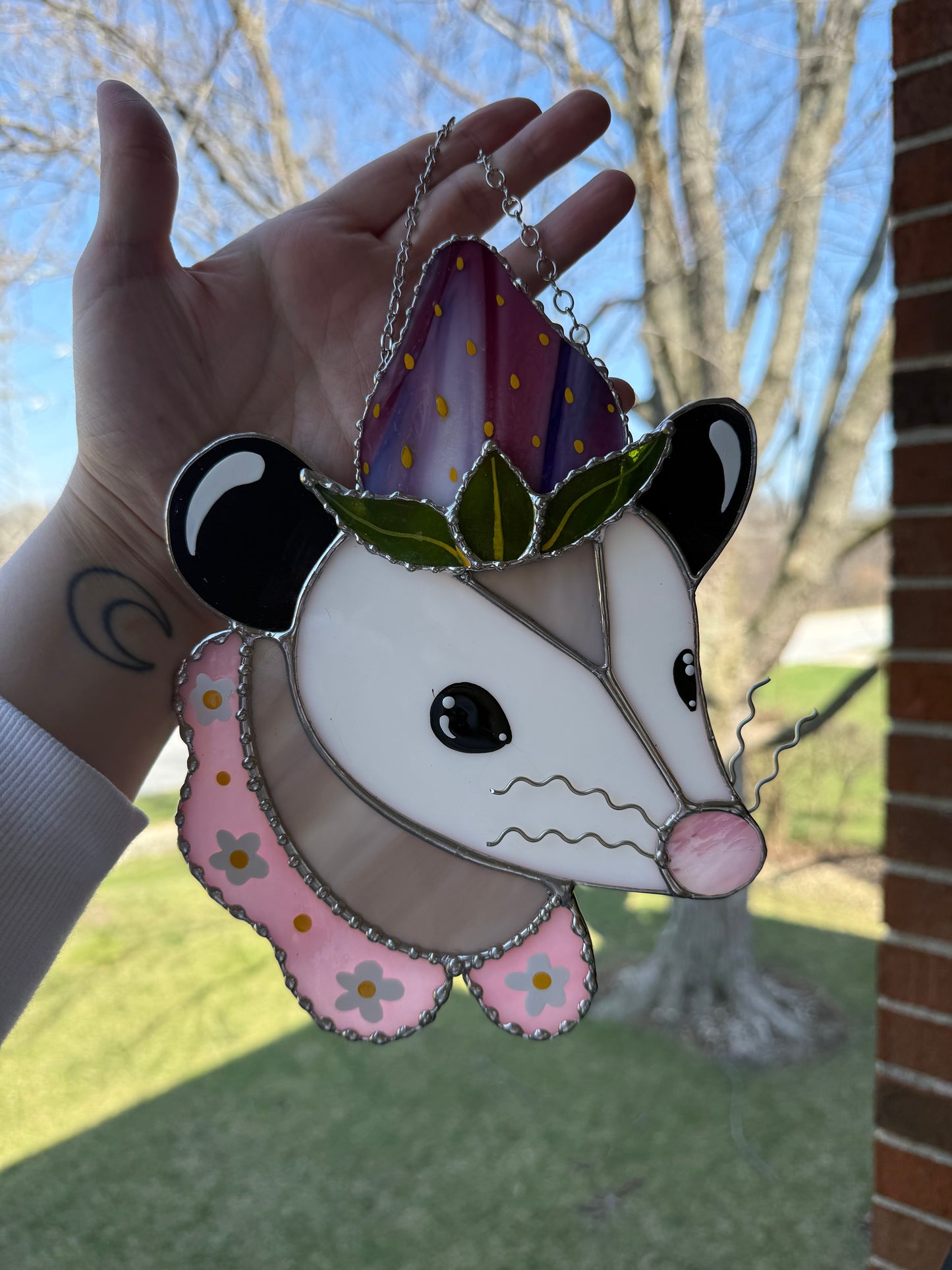 Pink Strawberry Opossum Stained Glass Suncatcher