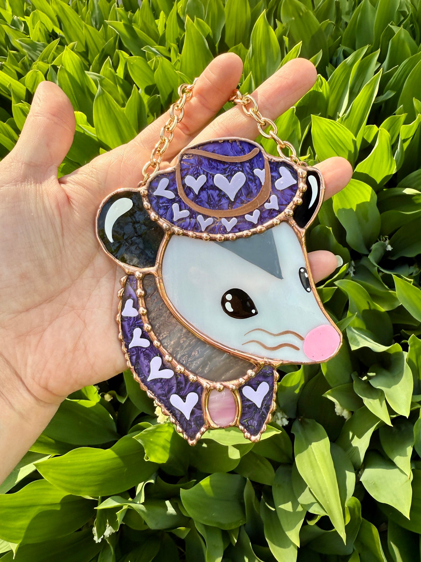 Mini Purple Cowboy Opossum Stained Glass Ornament