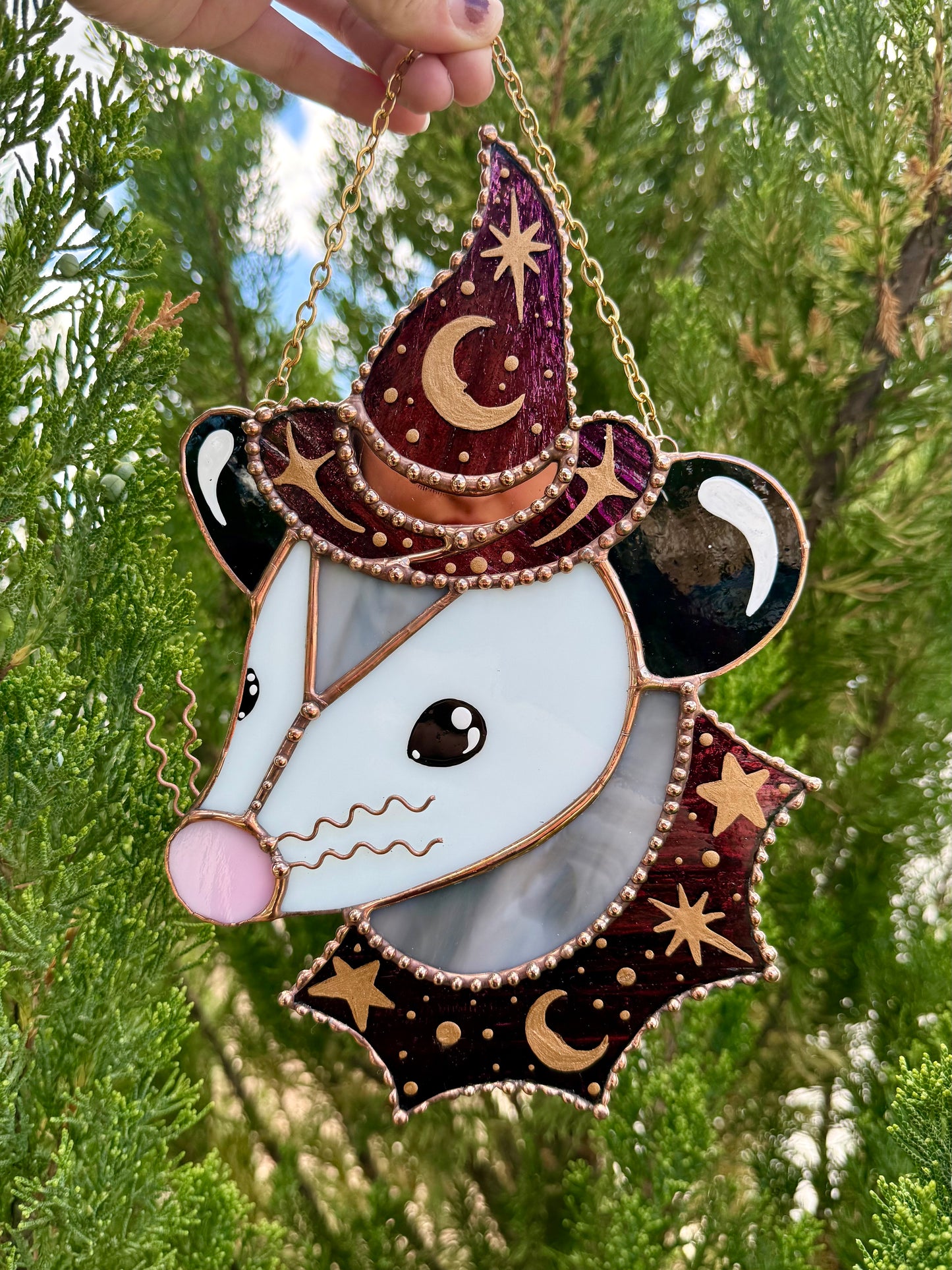 Garnet Witch Opossum Stained Glass Suncatcher