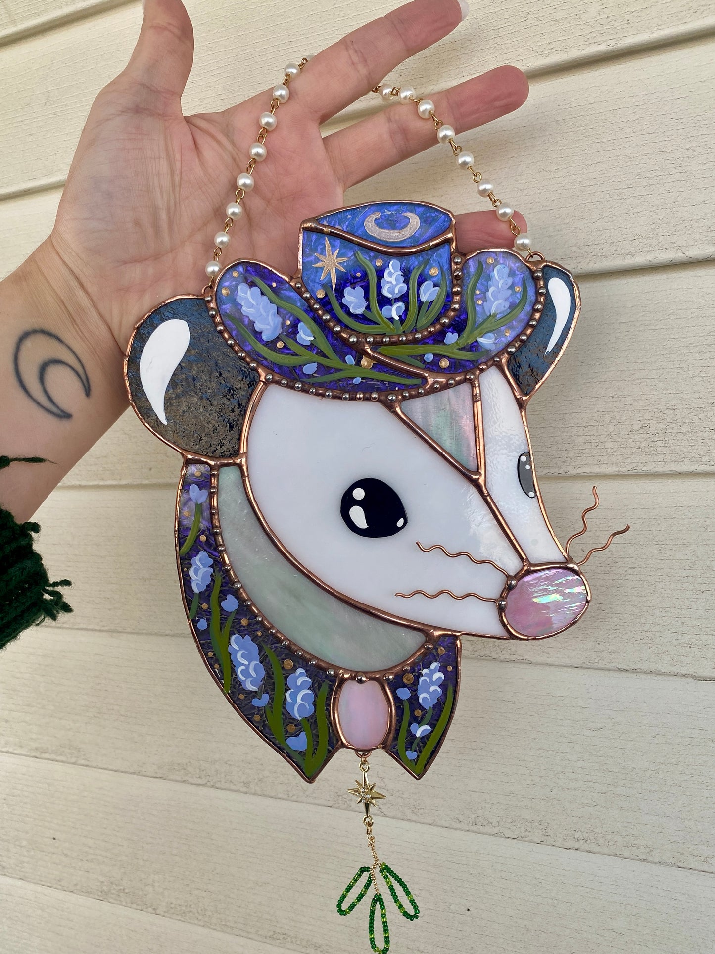 Lavender Cowboy Opossum Stained Glass Suncatcher