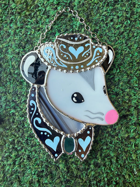 Irridescent Denim Heart Cowboy Opossum Mini Stained Glass Suncatcher