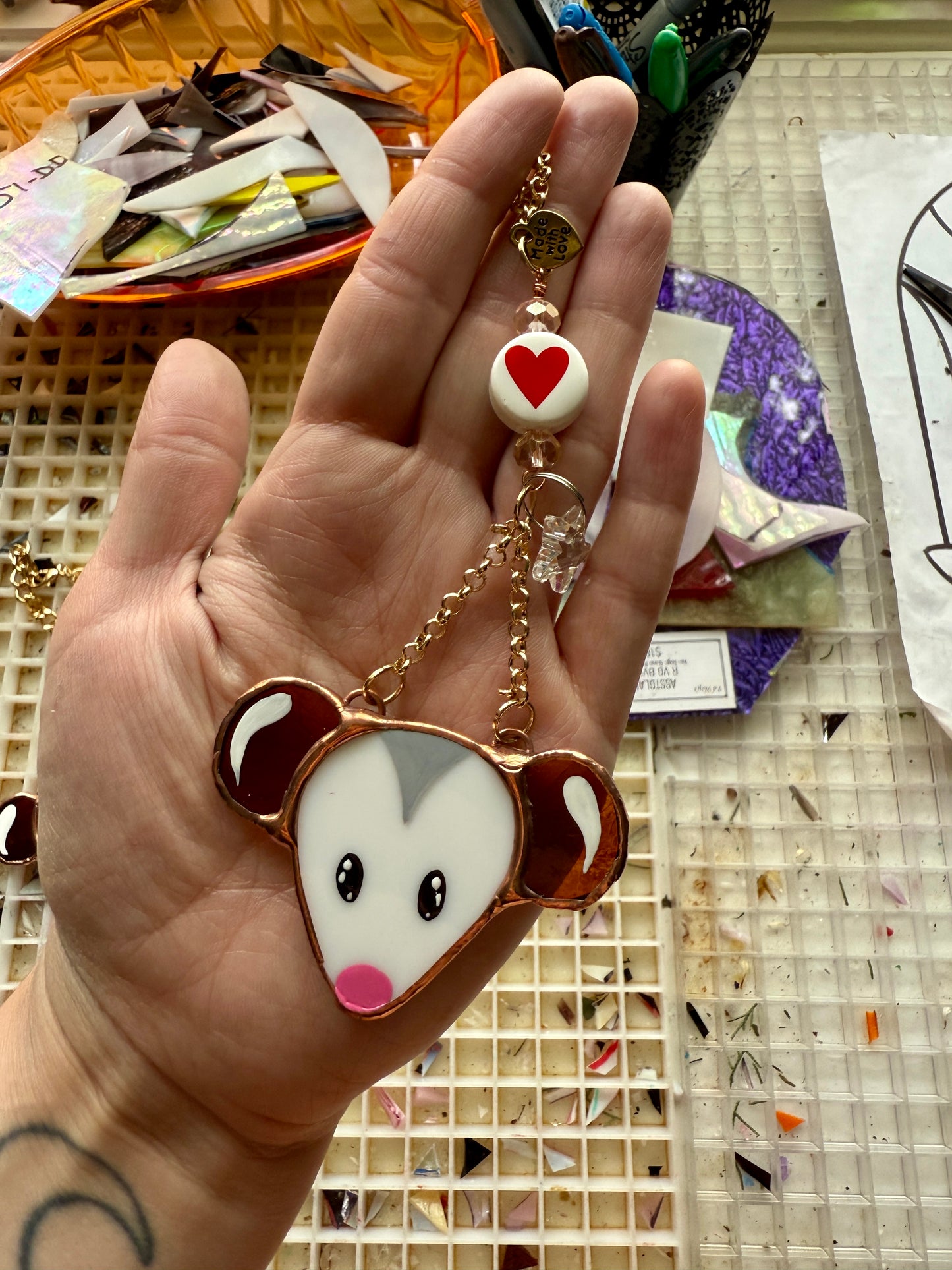 Heart Opossum Stained Glass Charm