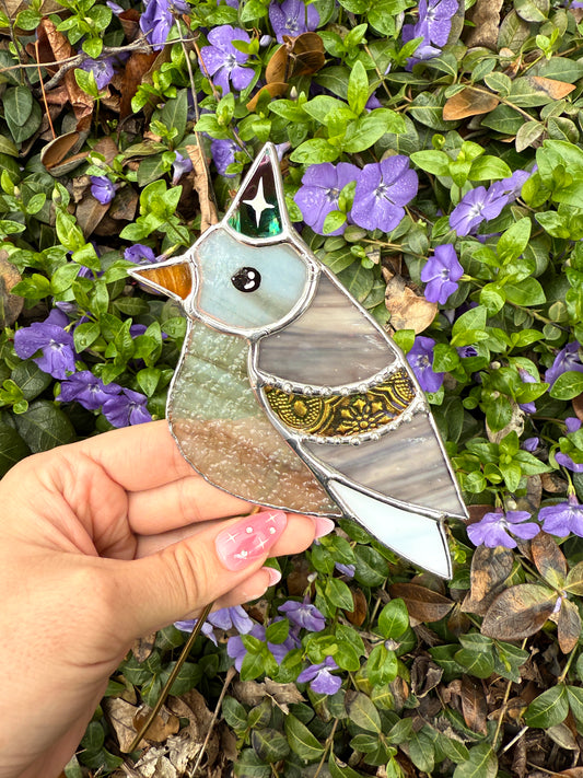 Hat Pigeon (Gold) Stained Glass Planter Stake