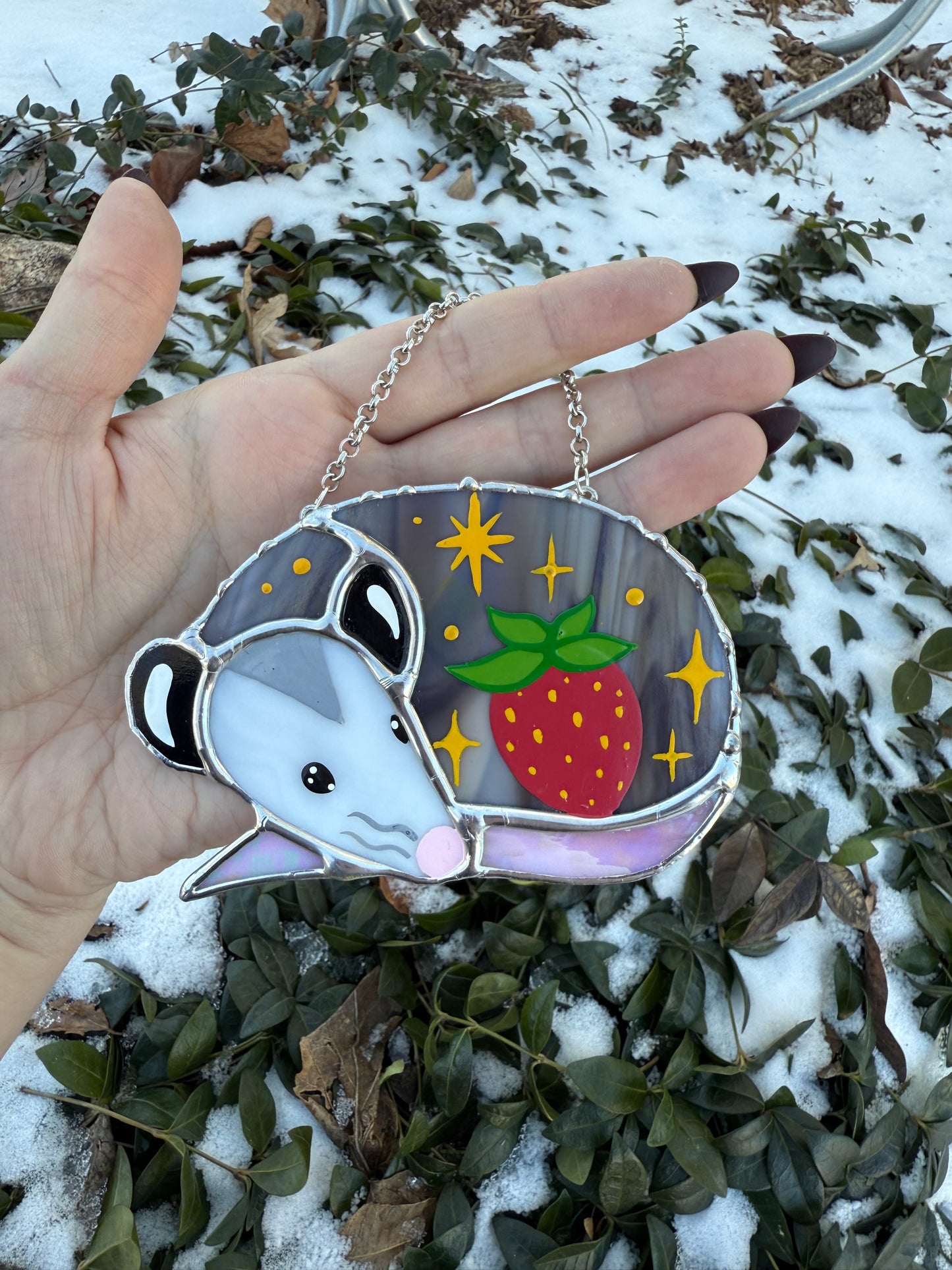 Sleepy Red Strawberry Opossum Stained Glass Ornament
