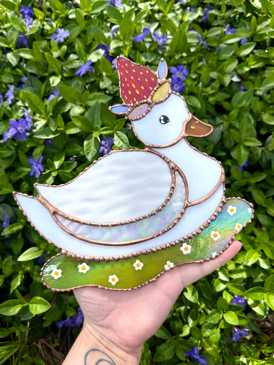 (Cracked) Iridescent Strawberry Duck Stained Glass Suncatcher
