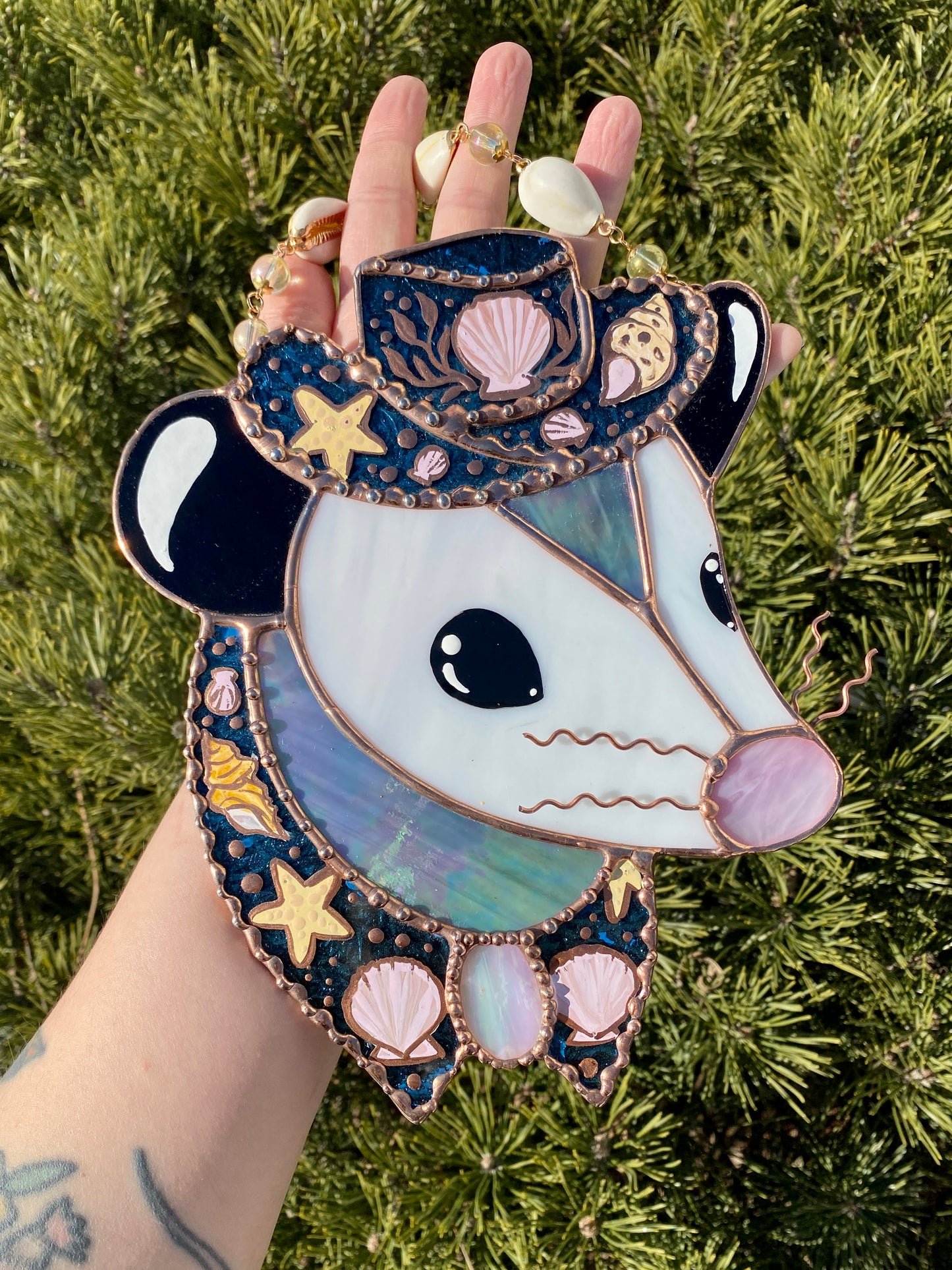 Mermaid Cowboy Opossum Stained Glass Suncatcher