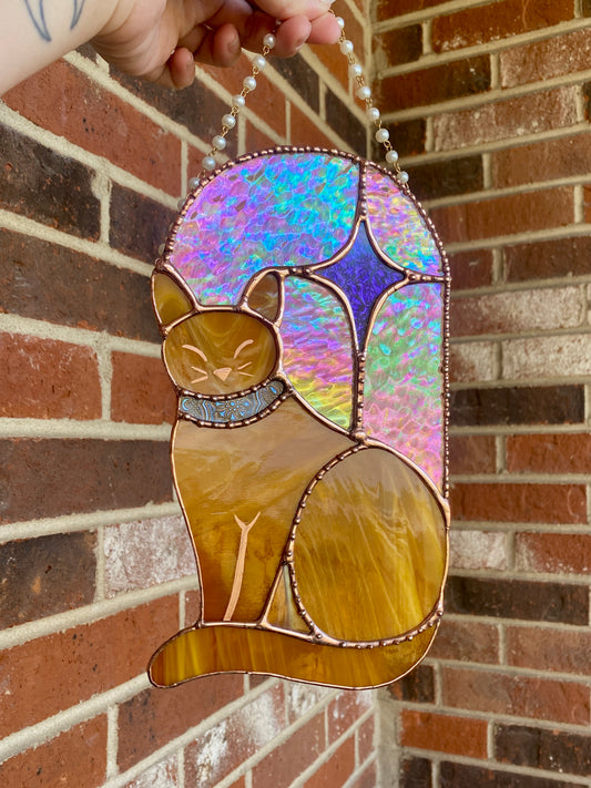 Orange Star Cat Stained Glass Suncatcher