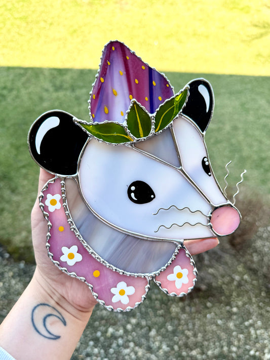 Pink Strawberry Opossum Stained Glass Suncatcher
