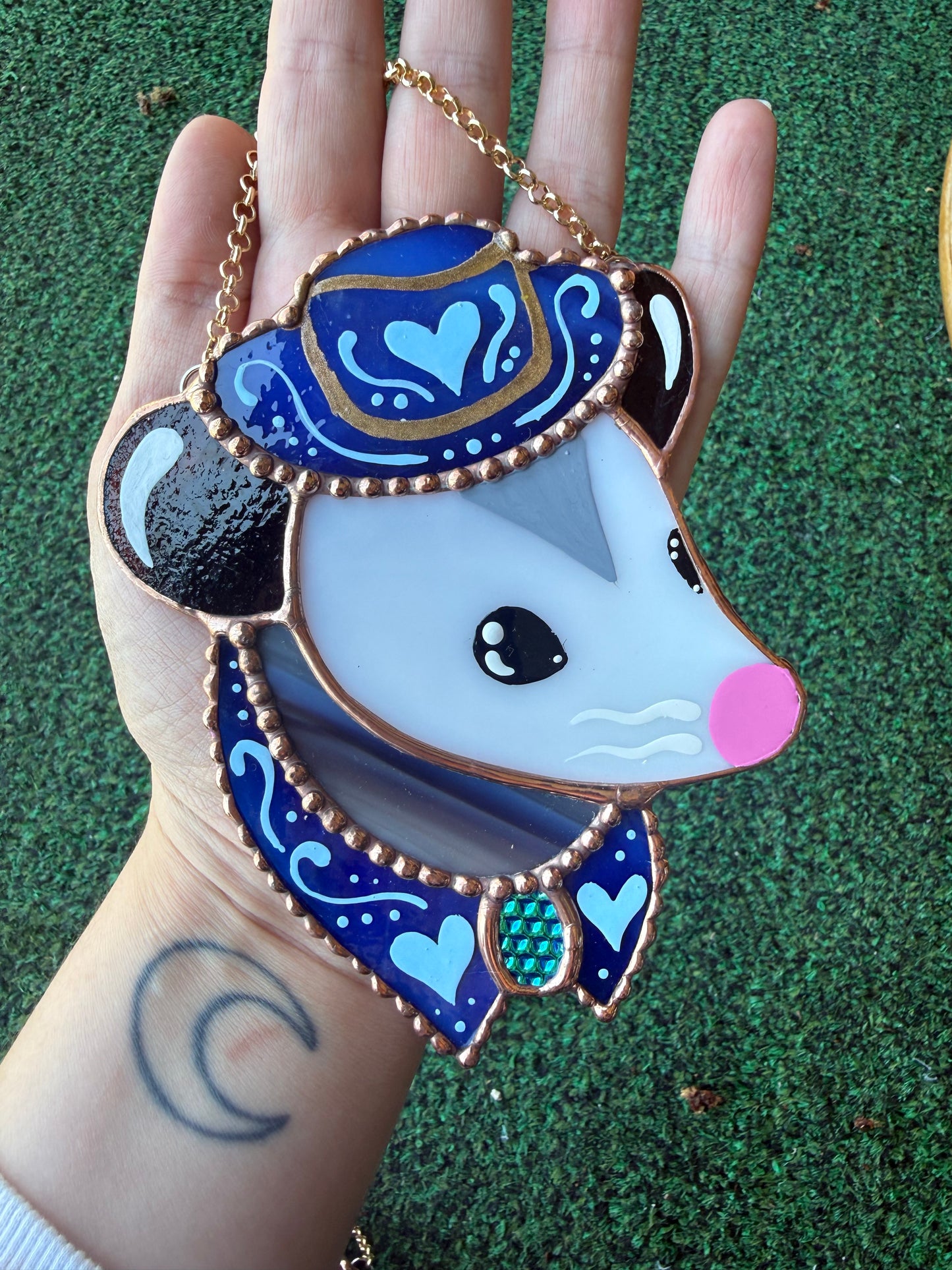 Blue Heart Cowboy Opossum Mini Stained Glass Suncatcher