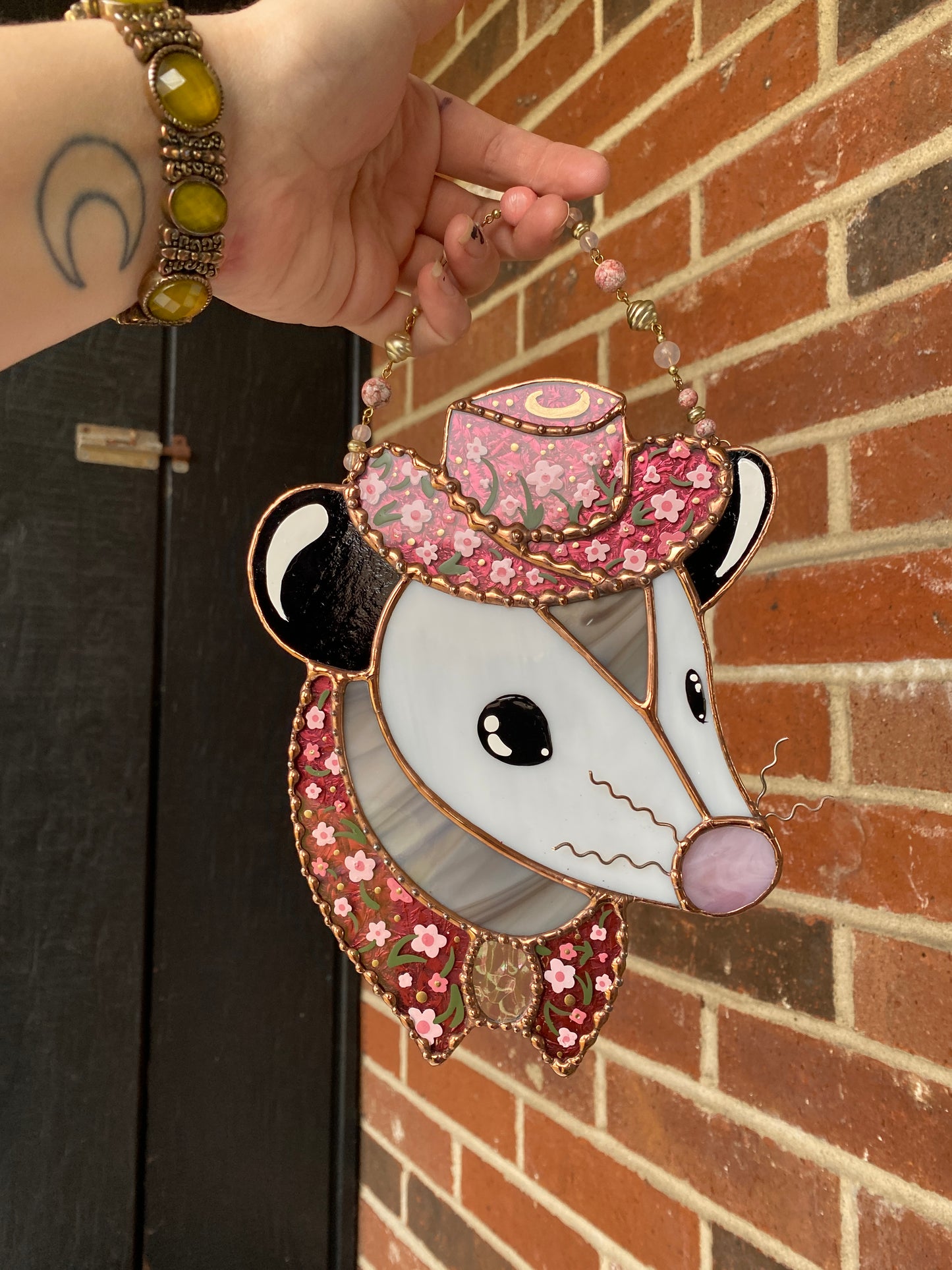 Ornate Floral Cowboy Opossum Stained Glass Opossum