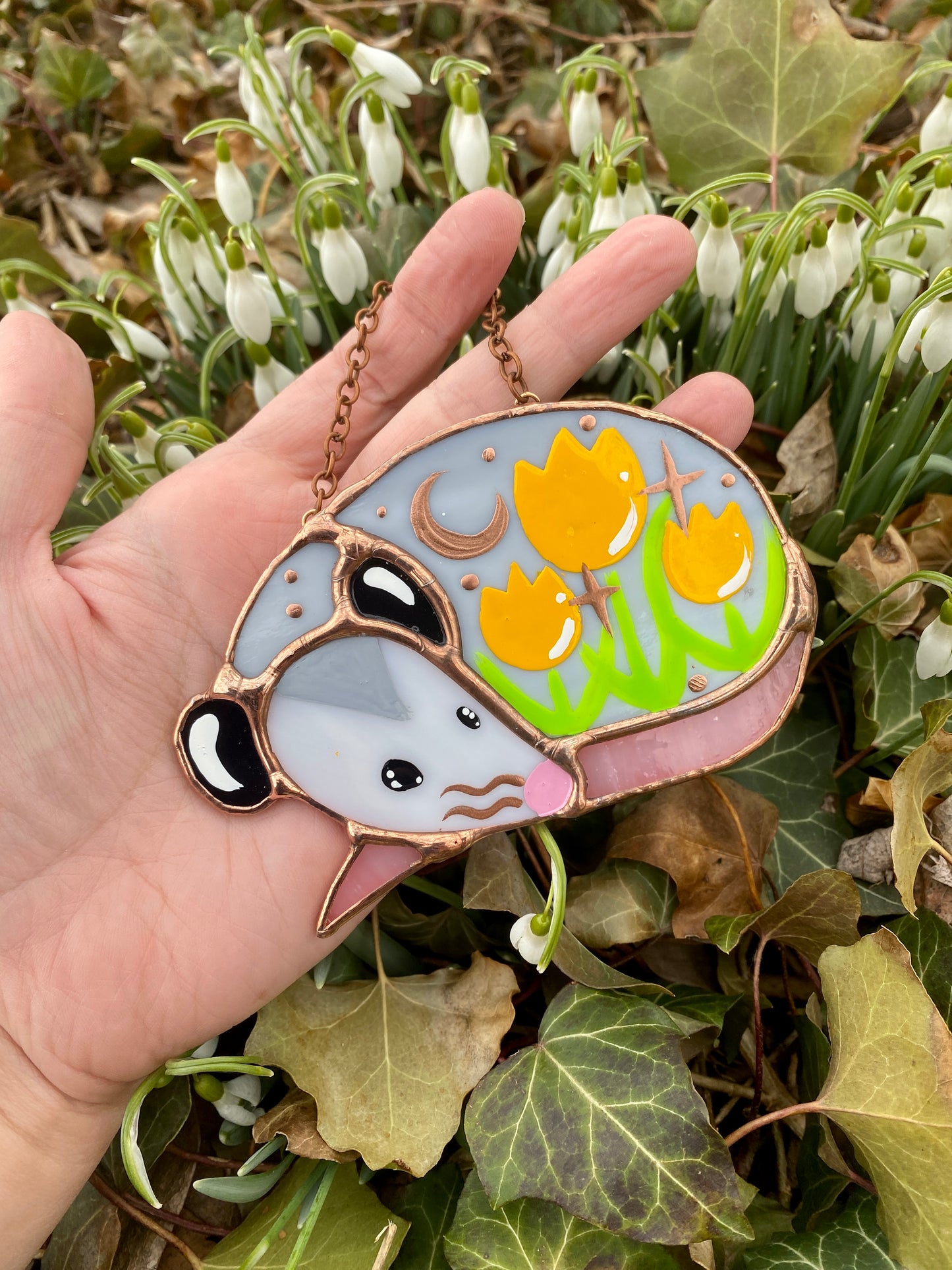 Sleepy Yellow Tulip Opossum Mini Stained Glass Suncatcher