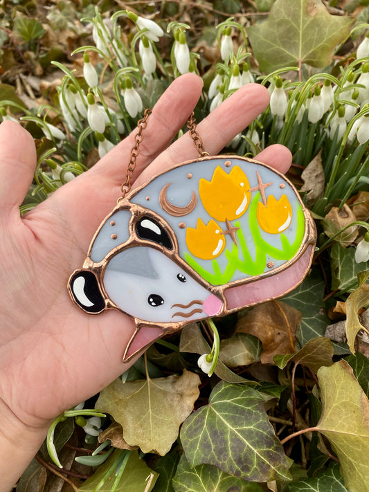 Sleepy Yellow Tulip Opossum Mini Stained Glass Suncatcher