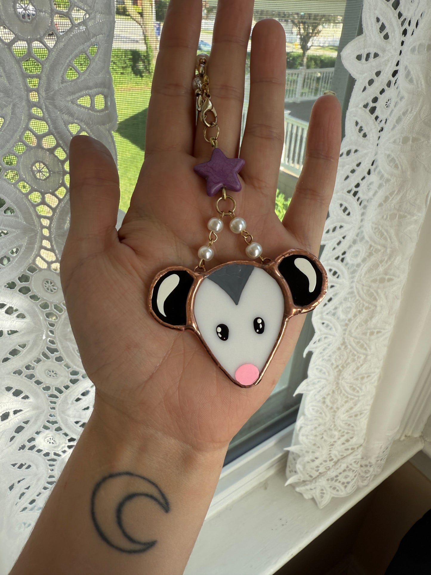 Purple Star Opossum Stained Glass Car Charm