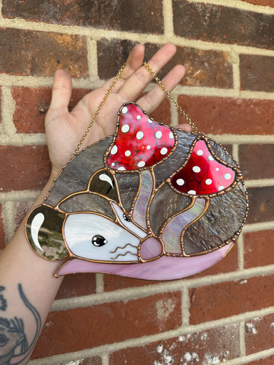 Mushroom Opossum Stained Glass Suncatcher