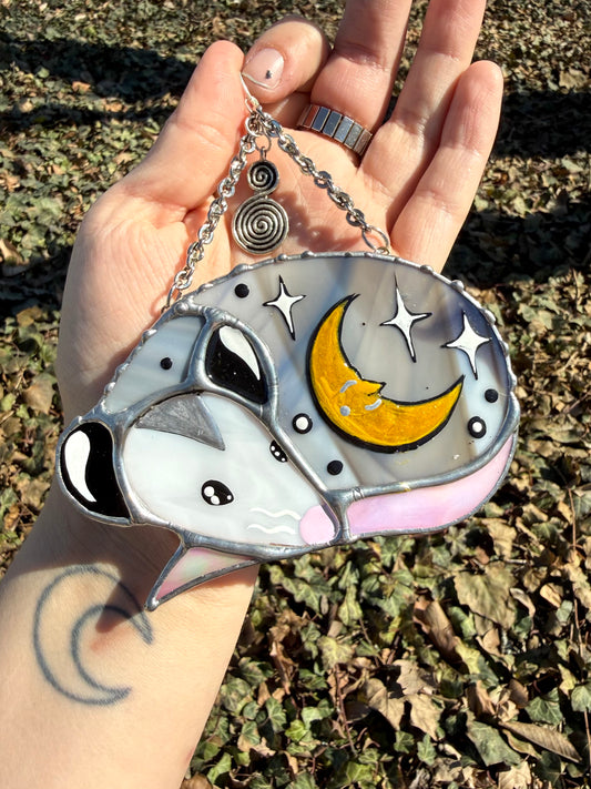 Sleepy Silver Moon Opossum Stained Glass Mini