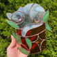 Sleepy Grey Flowerpot Cat Stained Glass Suncatcher