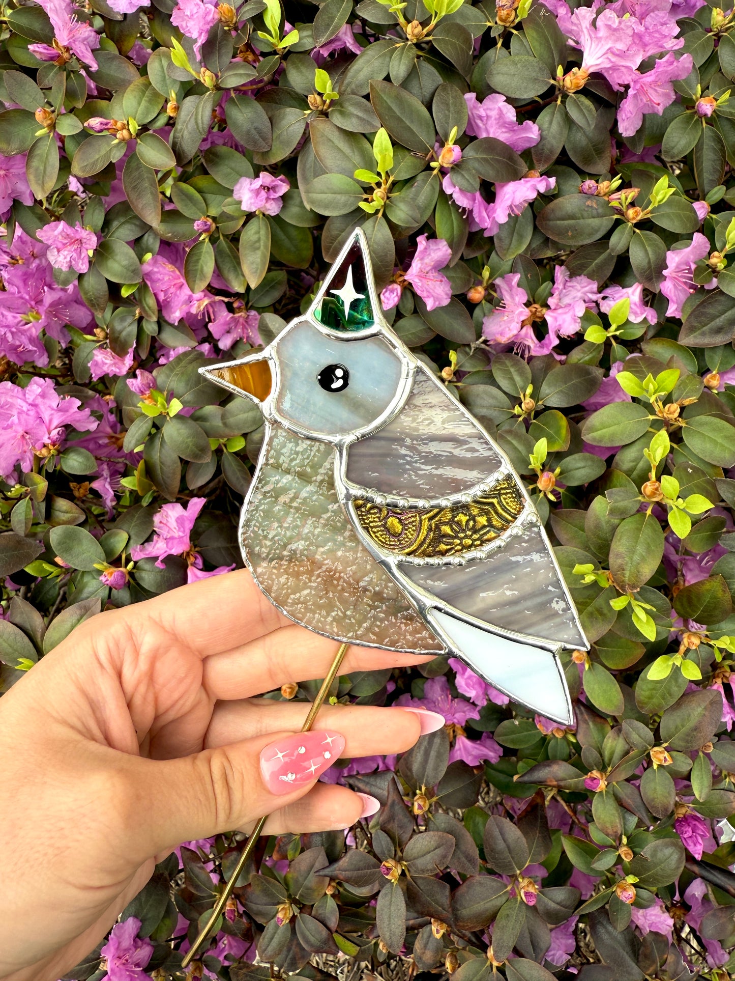Hat Pigeon (Gold) Stained Glass Planter Stake