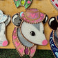 Iridescent Pink Heart Cowboy Opossum Mini Stained Glass Suncatcher
