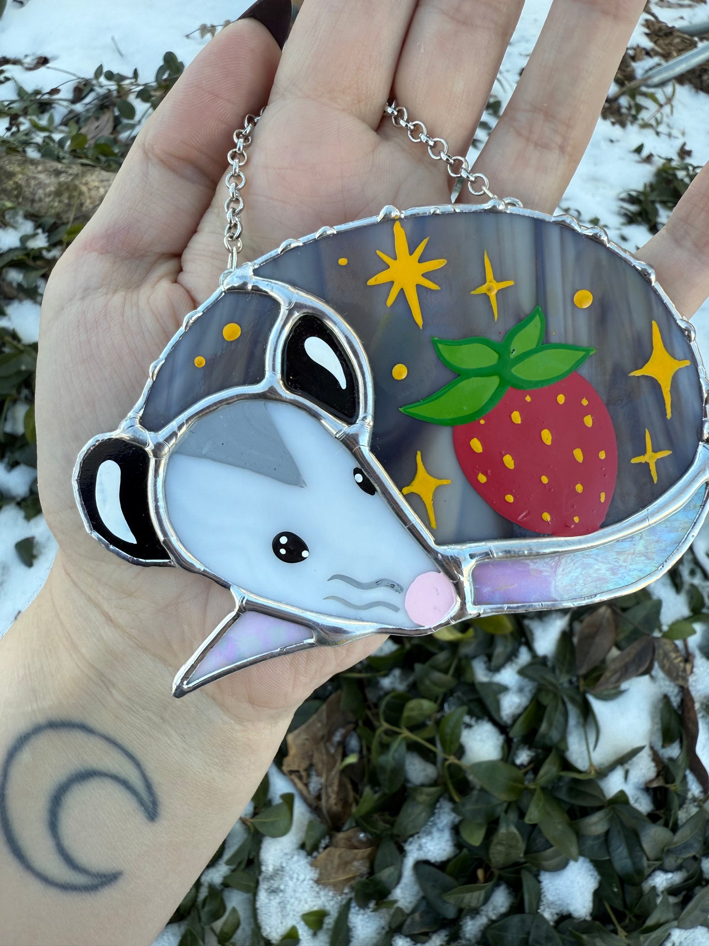 Sleepy Red Strawberry Opossum Stained Glass Ornament