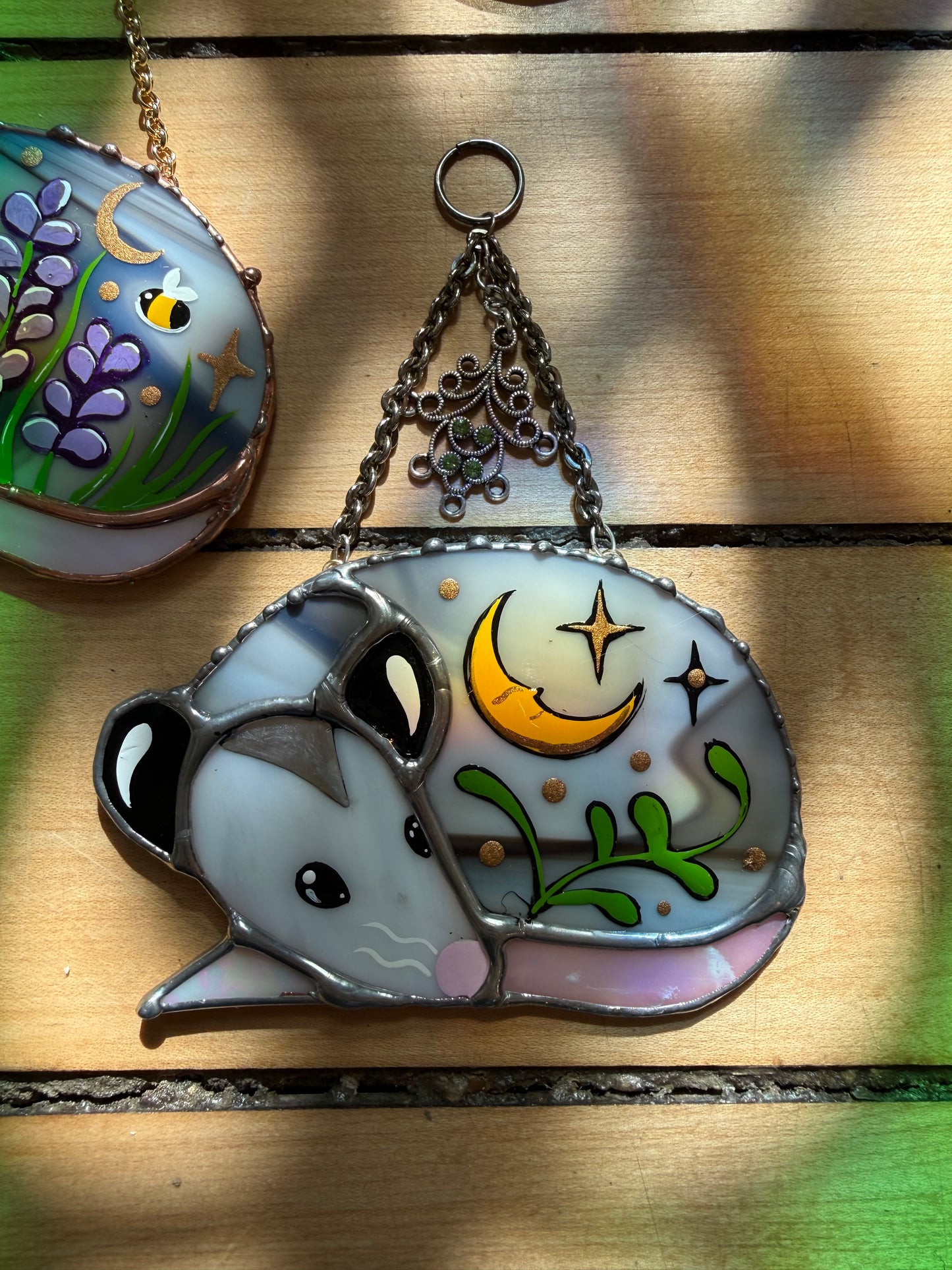 Sleepy Moon and Vine Opossum Stained Glass Mini