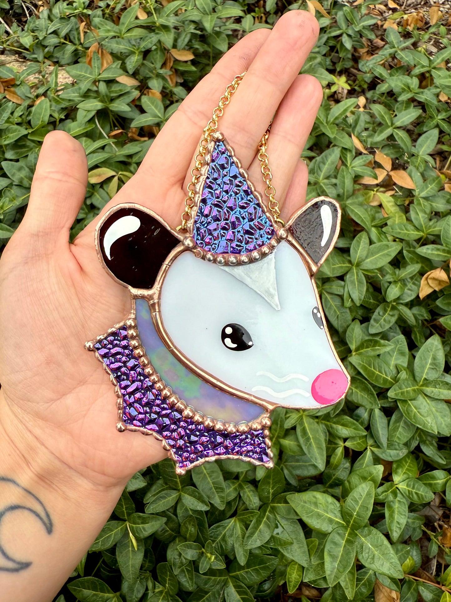 Pink/Purple Stained Glass Opossum Ornament