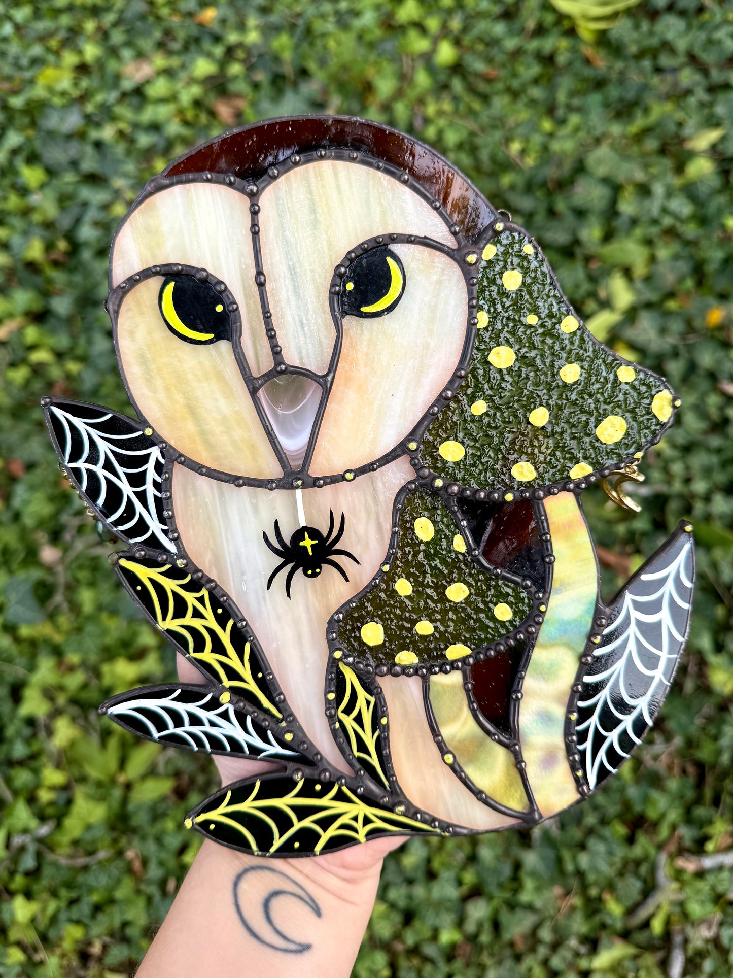 Spooky Spider Owl Stained Glass Artwork