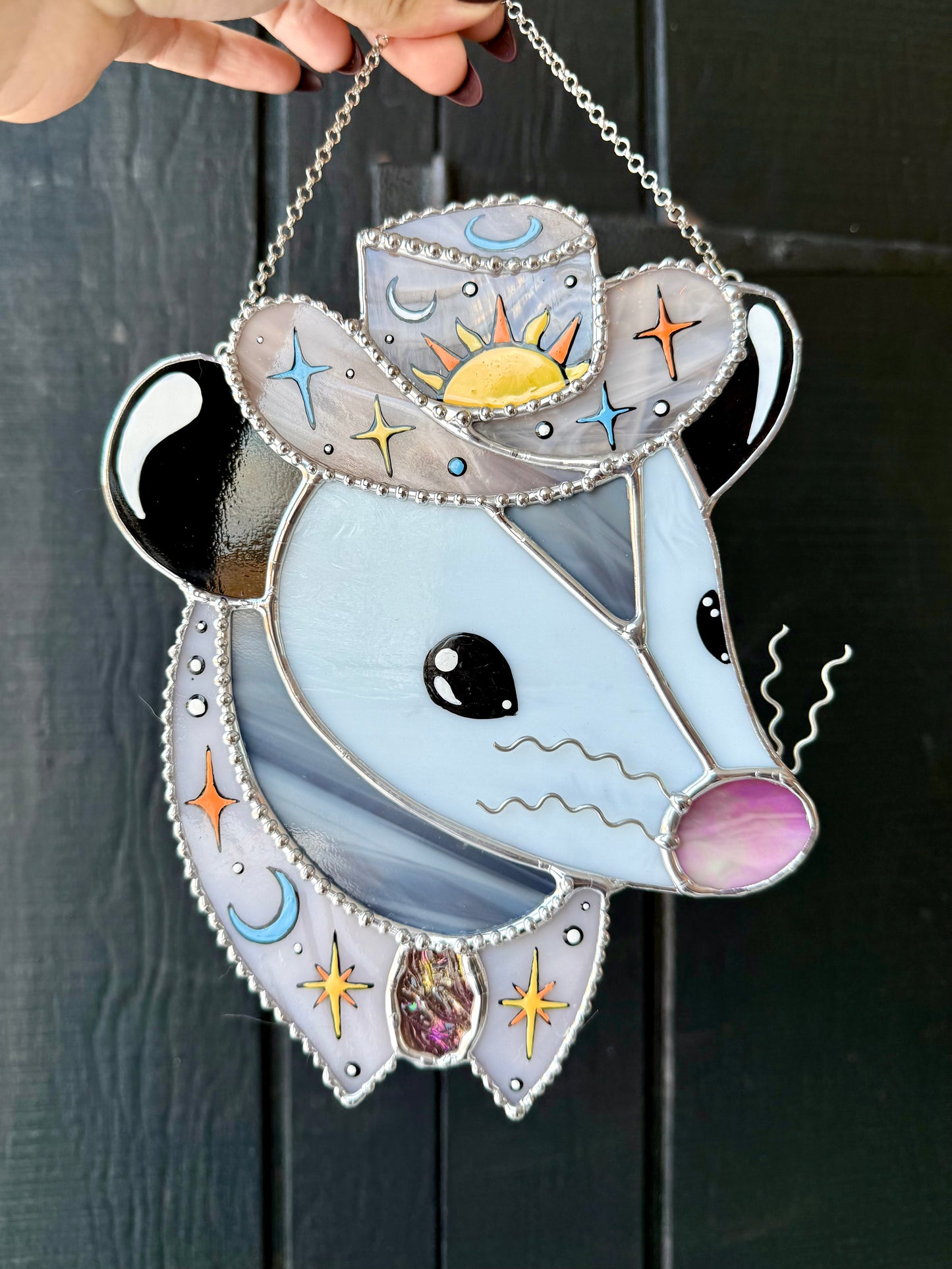 Pastel Celestial Cowboy Opossum Stained Glass
