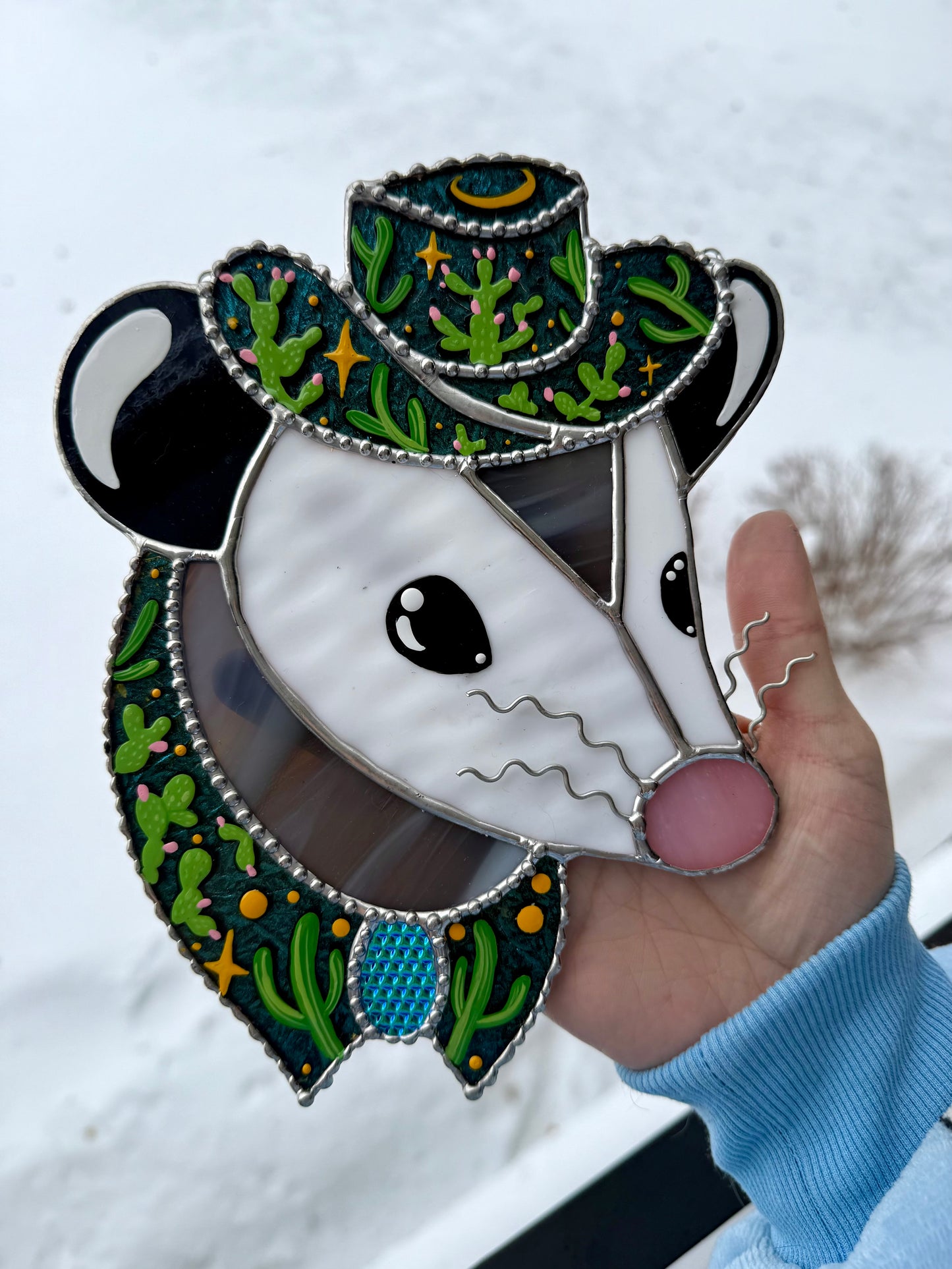 Cactus Cowboy Opossum Stained Glass Suncatcher