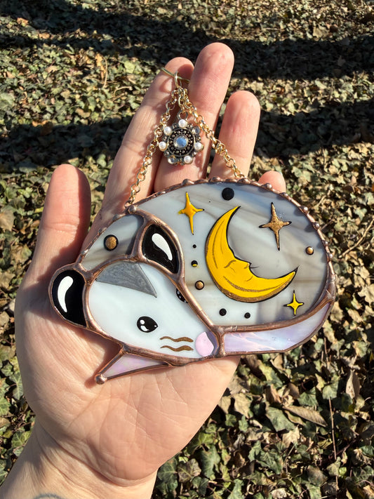 Sleepy Gold Moon Opossum Stained Glass Mini