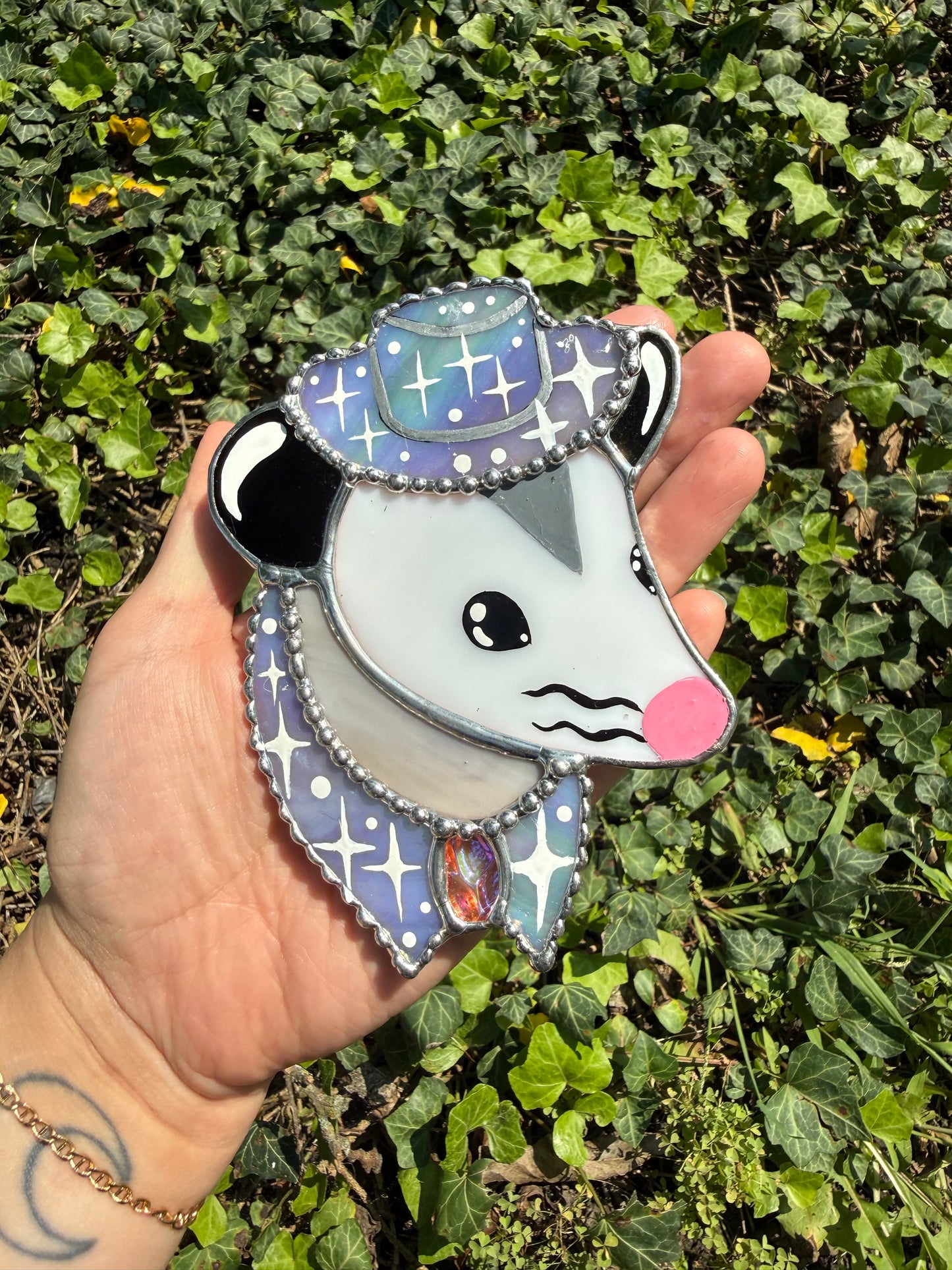 Mini Purple Cowboy Opossum Stained Glass Suncatcher